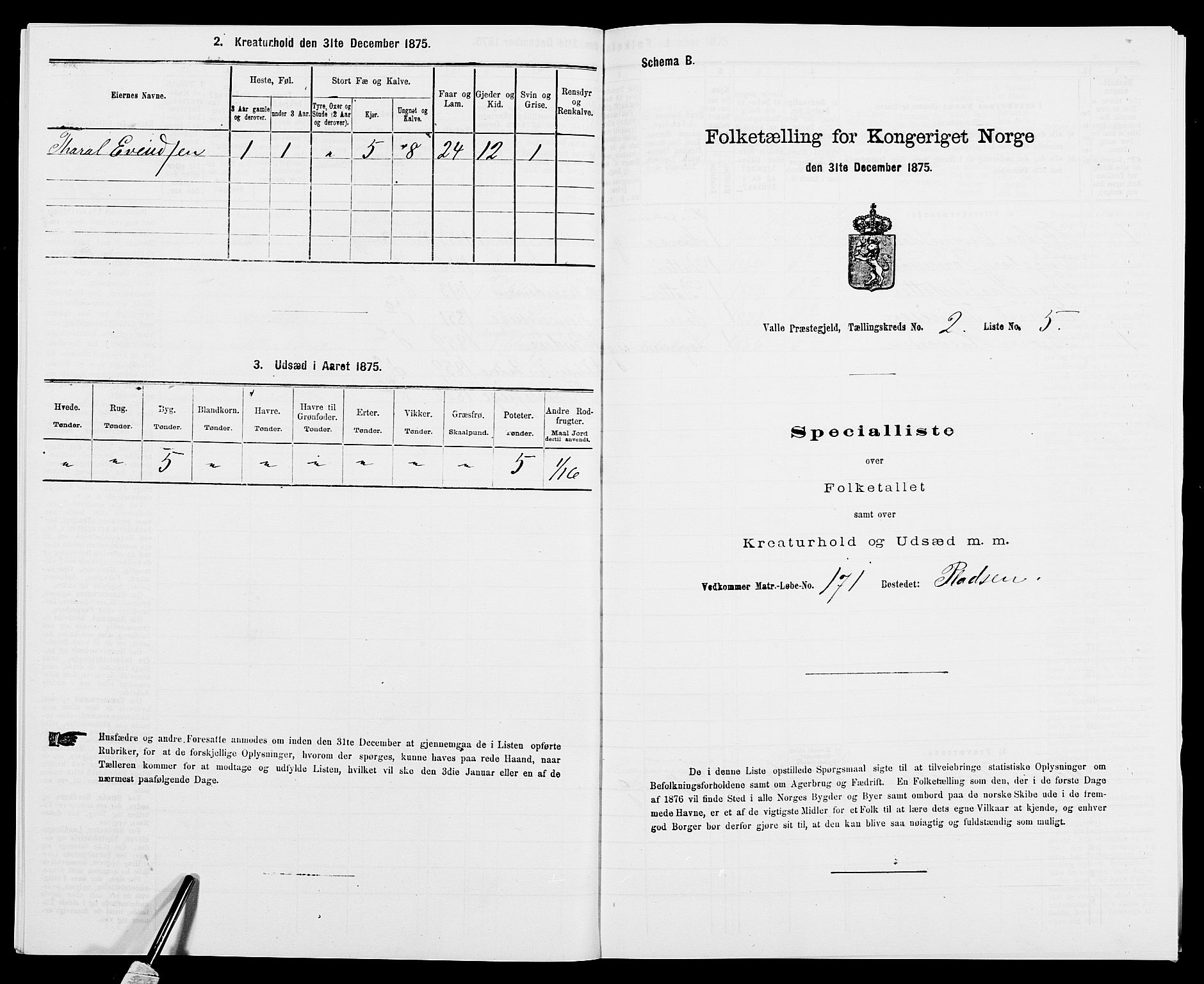 SAK, 1875 census for 0940P Valle, 1875, p. 159