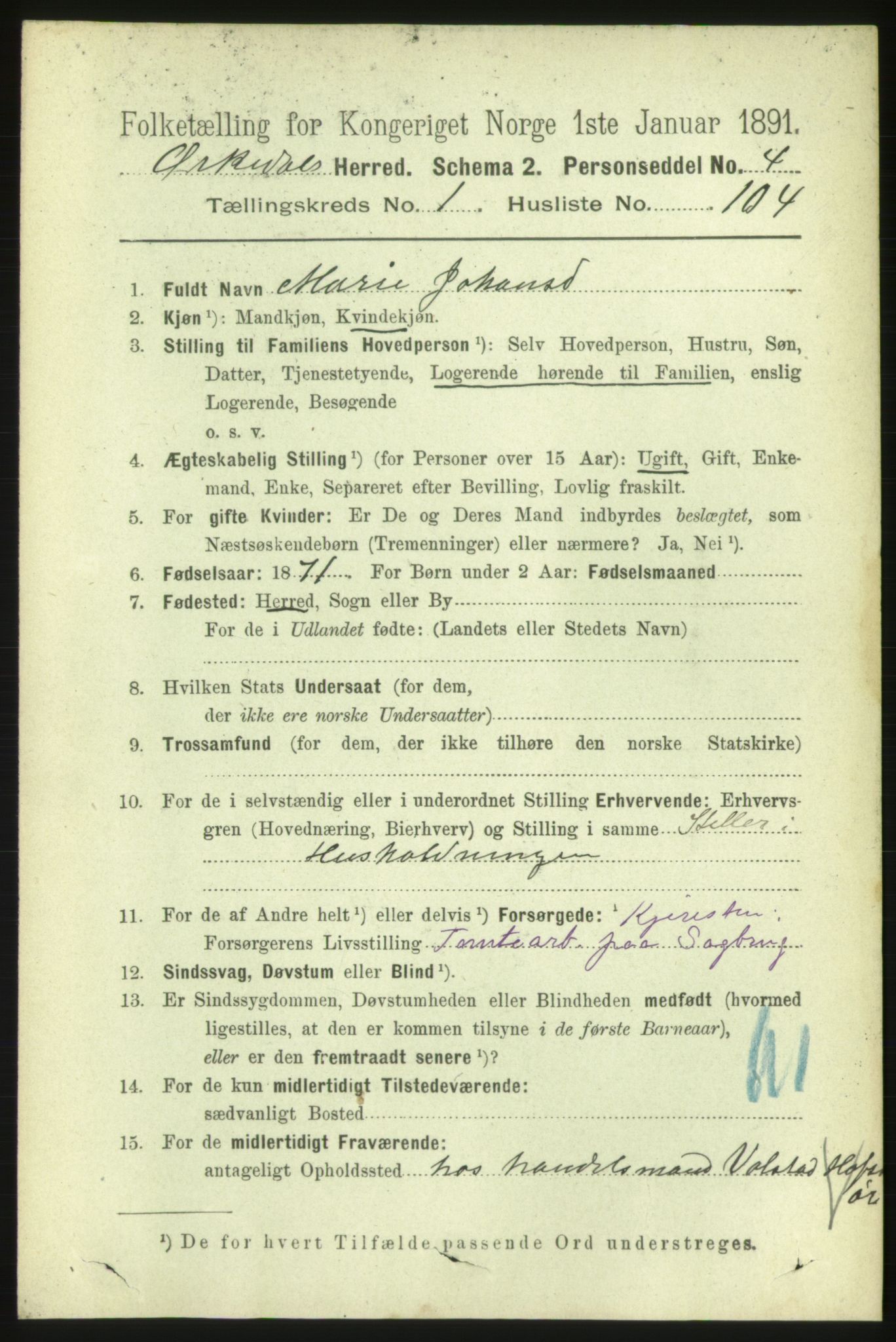 RA, 1891 census for 1638 Orkdal, 1891, p. 871