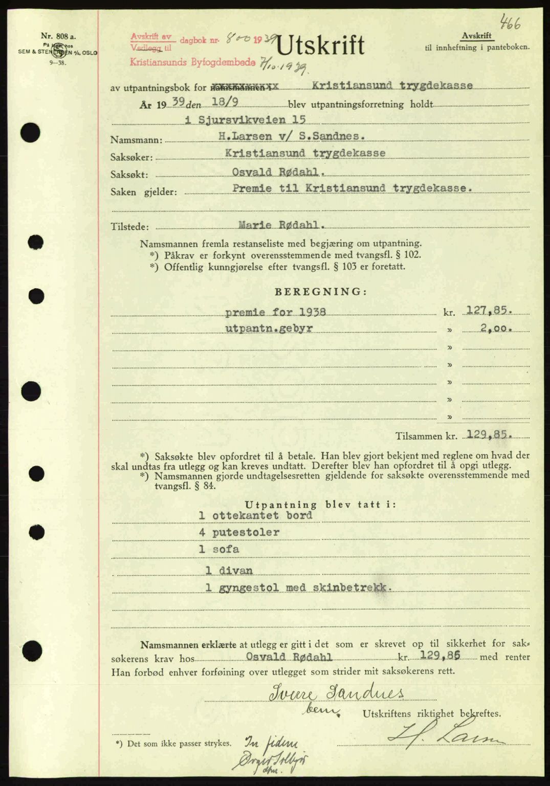Kristiansund byfogd, SAT/A-4587/A/27: Mortgage book no. 31, 1938-1939, Diary no: : 800/1939