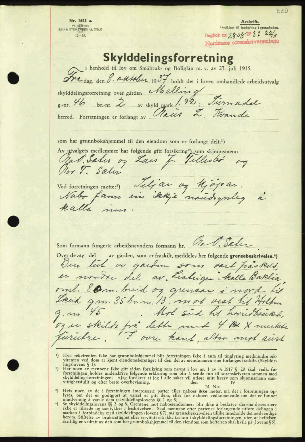 Nordmøre sorenskriveri, SAT/A-4132/1/2/2Ca: Mortgage book no. A82, 1937-1938, Diary no: : 2808/1937