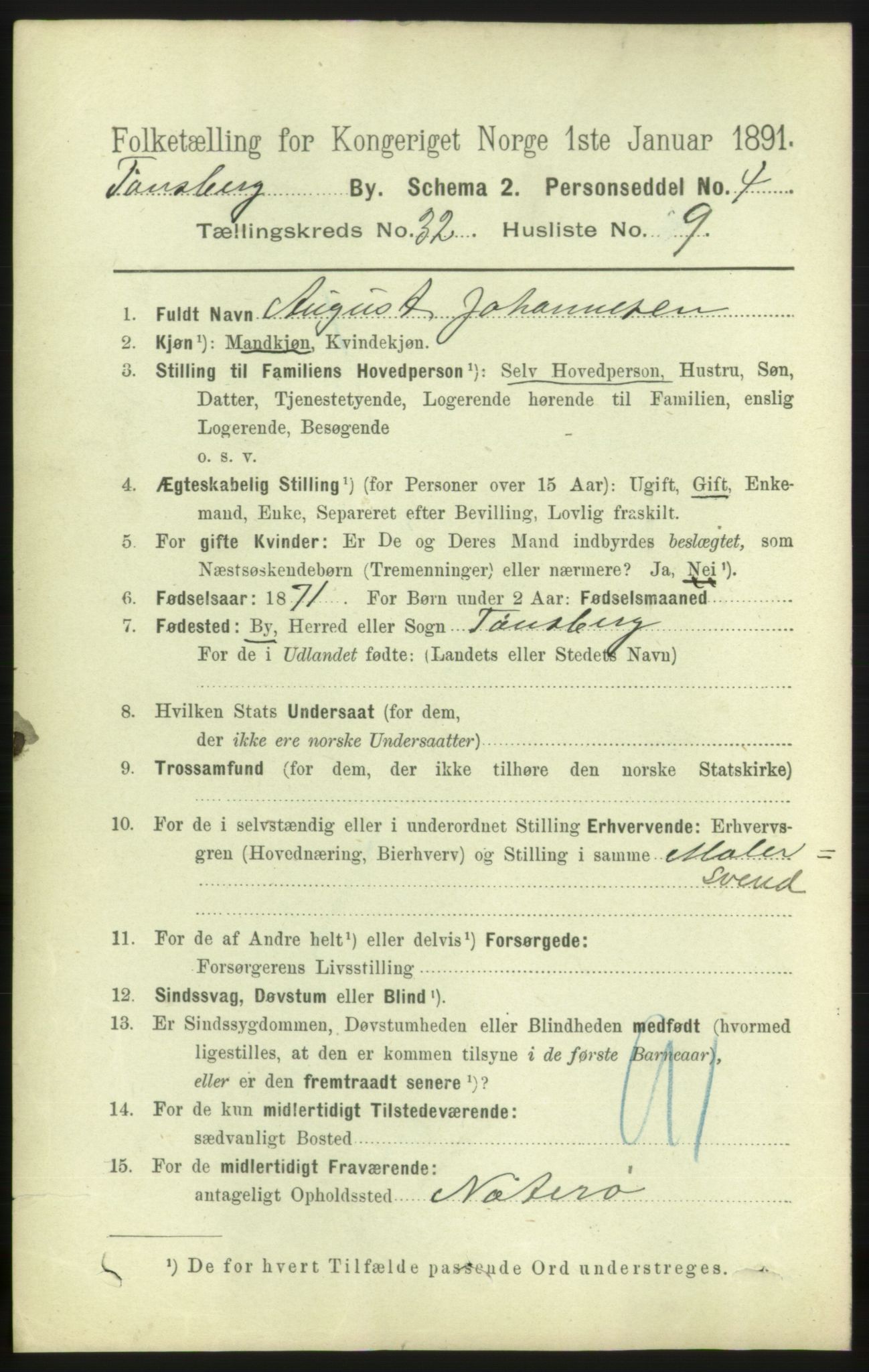 RA, 1891 census for 0705 Tønsberg, 1891, p. 7572