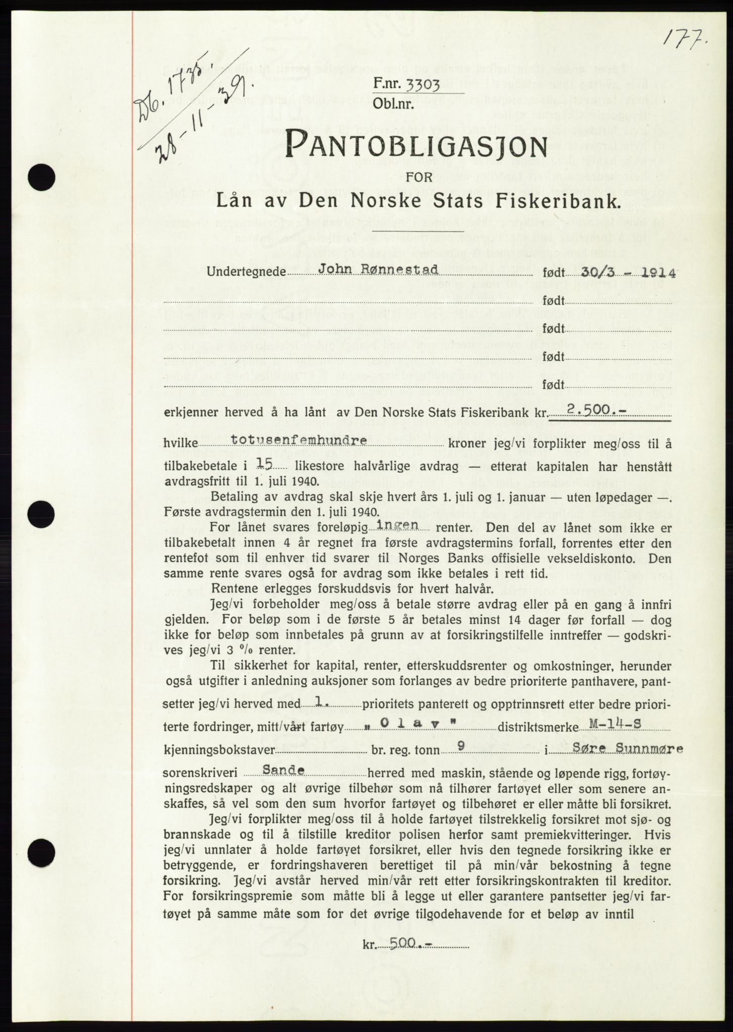 Søre Sunnmøre sorenskriveri, AV/SAT-A-4122/1/2/2C/L0069: Mortgage book no. 63, 1939-1940, Diary no: : 1735/1939