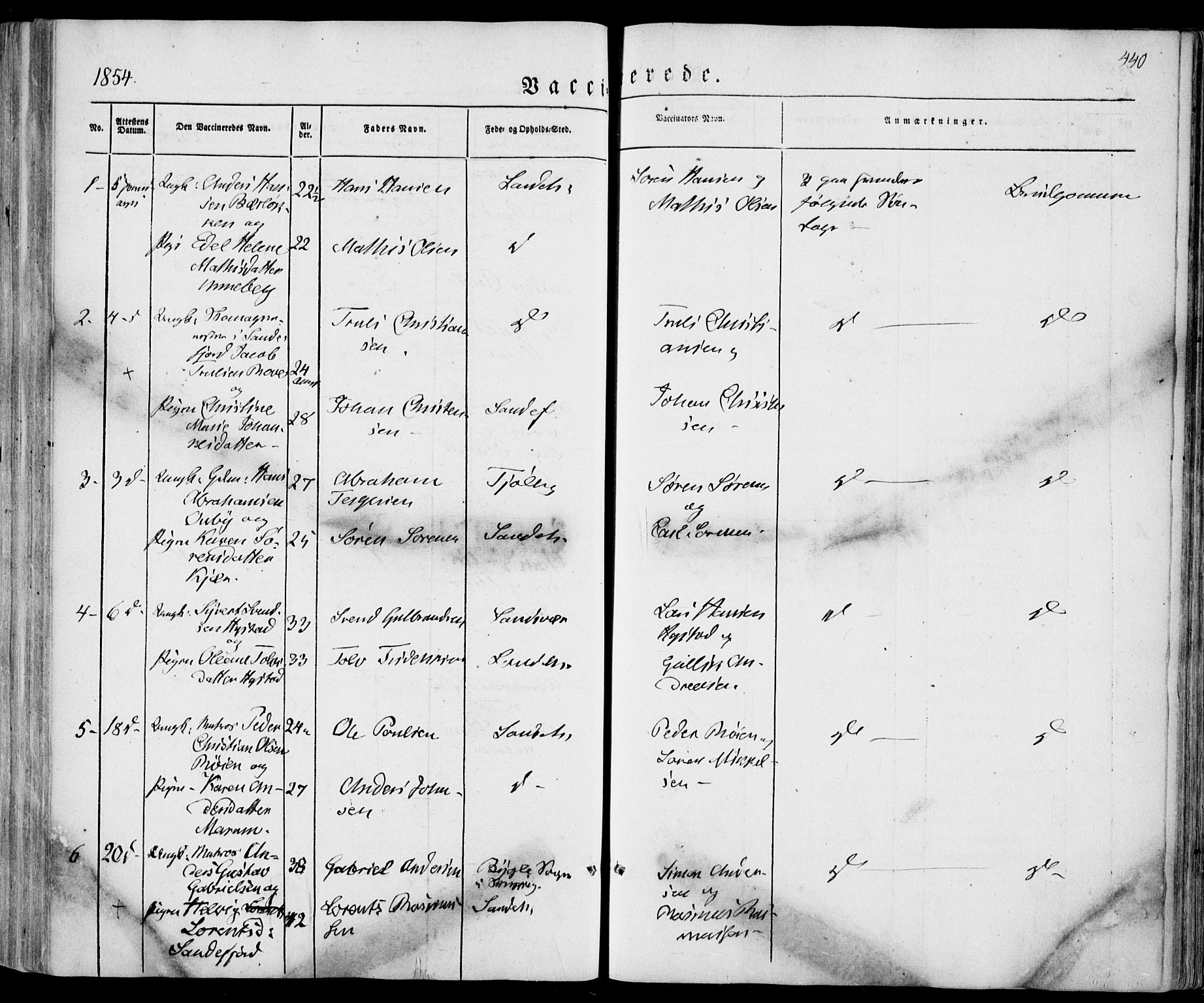 Sandar kirkebøker, SAKO/A-243/F/Fa/L0006: Parish register (official) no. 6, 1847-1860, p. 440