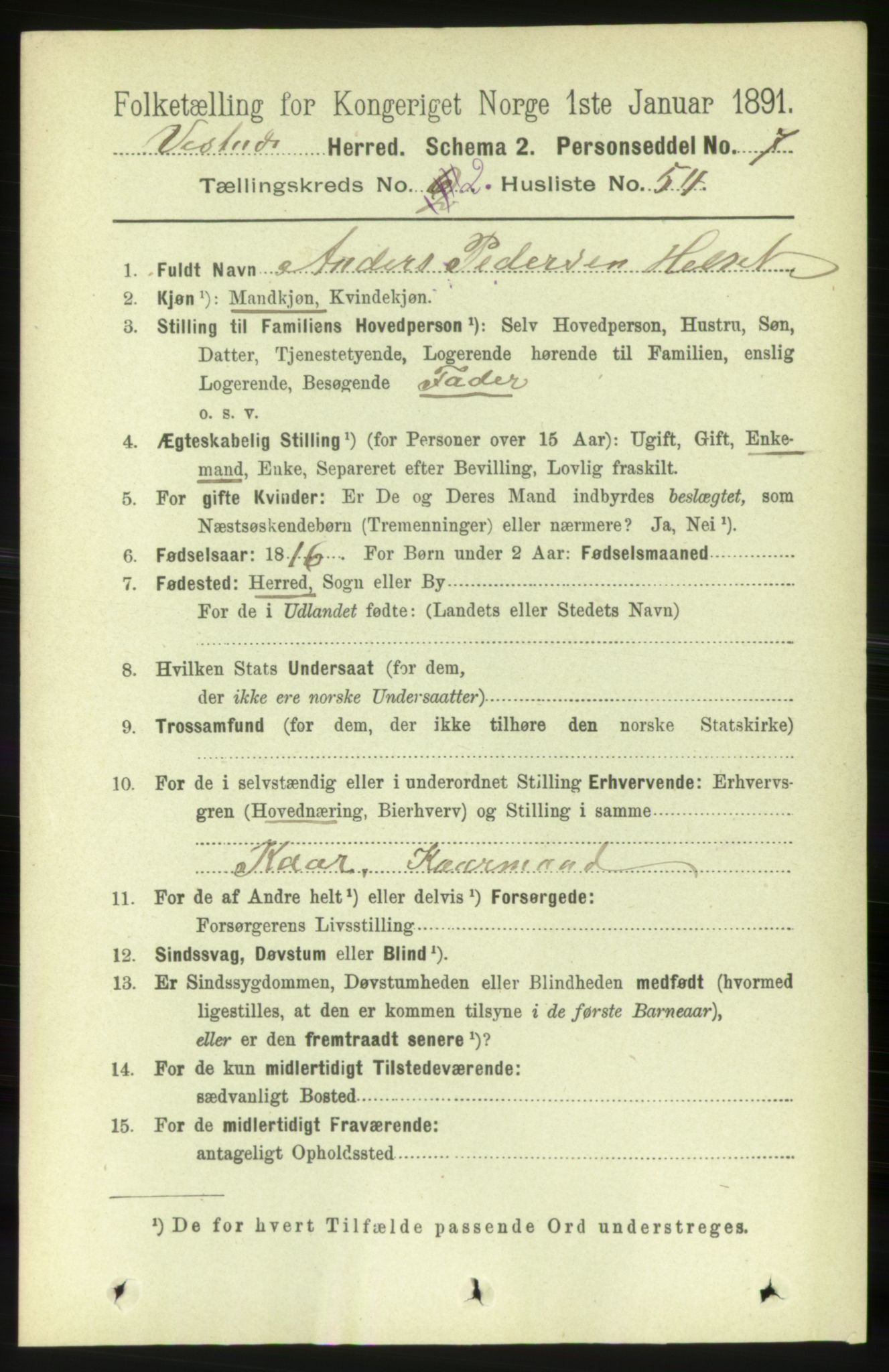 RA, 1891 census for 1535 Vestnes, 1891, p. 460