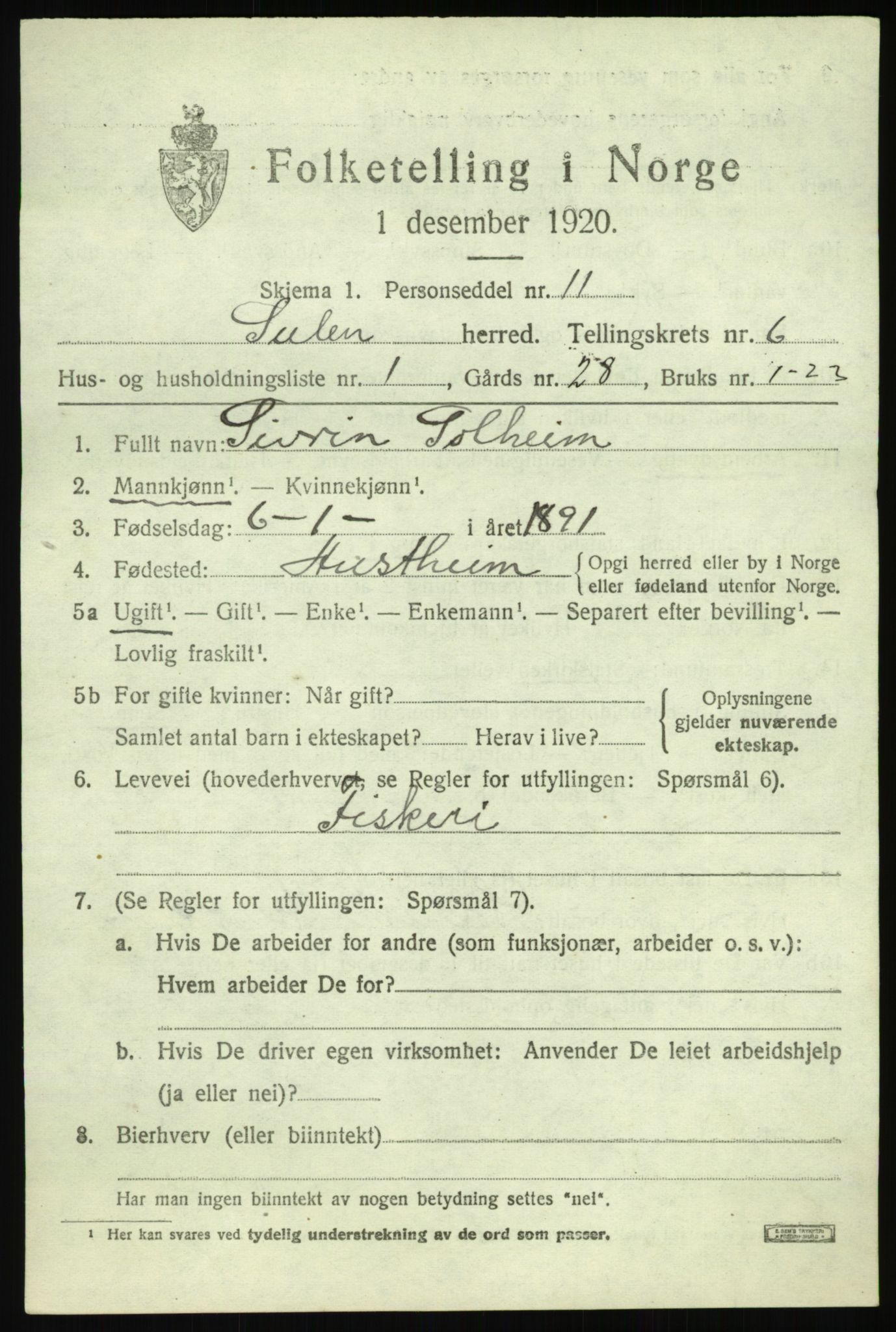 SAB, 1920 census for Solund, 1920, p. 2456