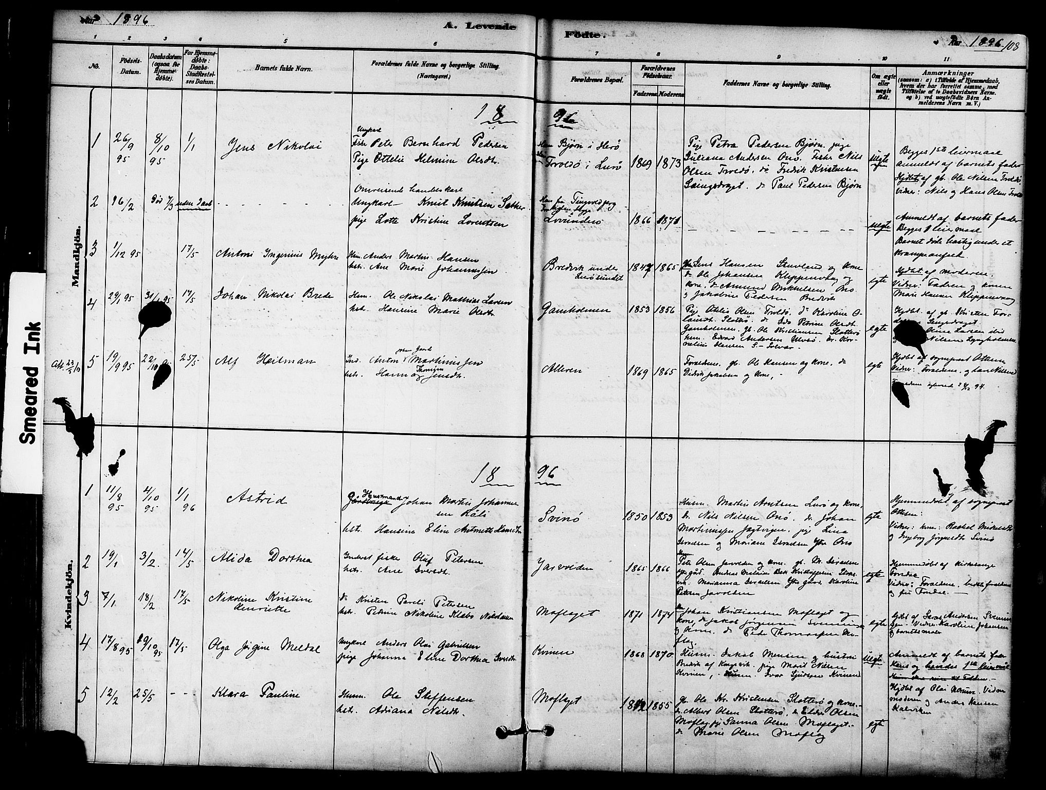 Ministerialprotokoller, klokkerbøker og fødselsregistre - Nordland, SAT/A-1459/839/L0568: Parish register (official) no. 839A05, 1880-1902, p. 108