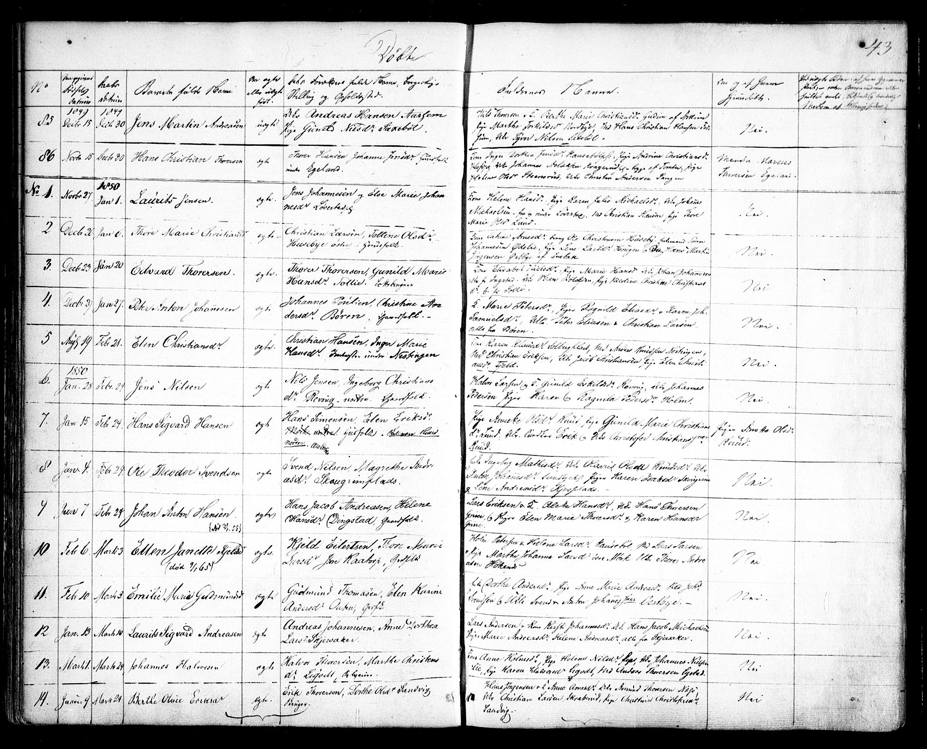 Spydeberg prestekontor Kirkebøker, SAO/A-10924/F/Fa/L0005: Parish register (official) no. I 5, 1842-1862, p. 43