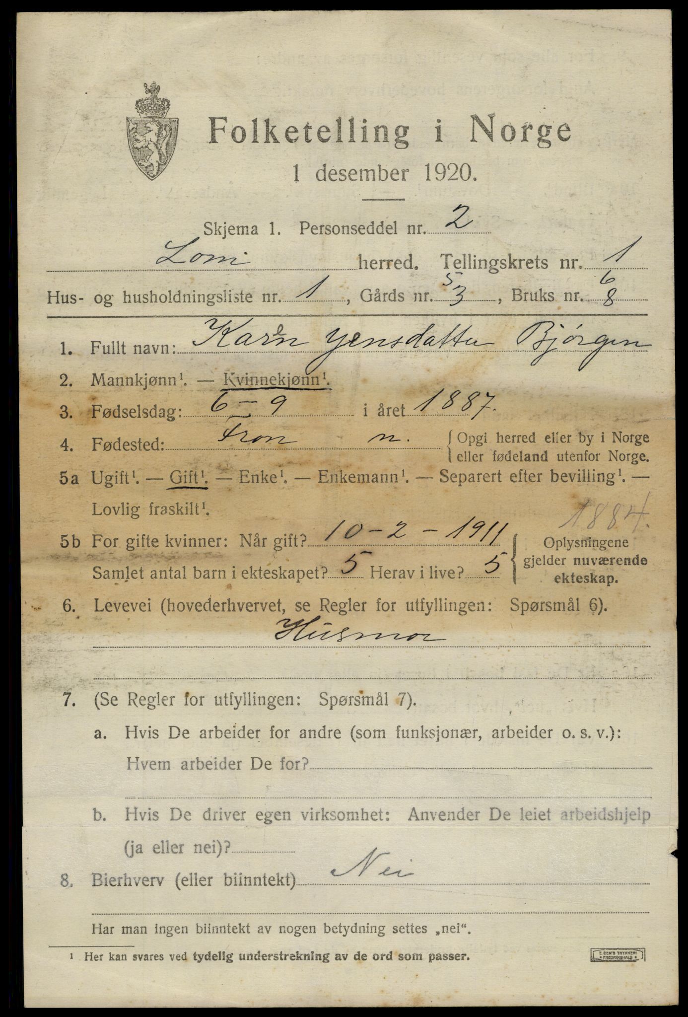 SAH, 1920 census for Lom, 1920, p. 928