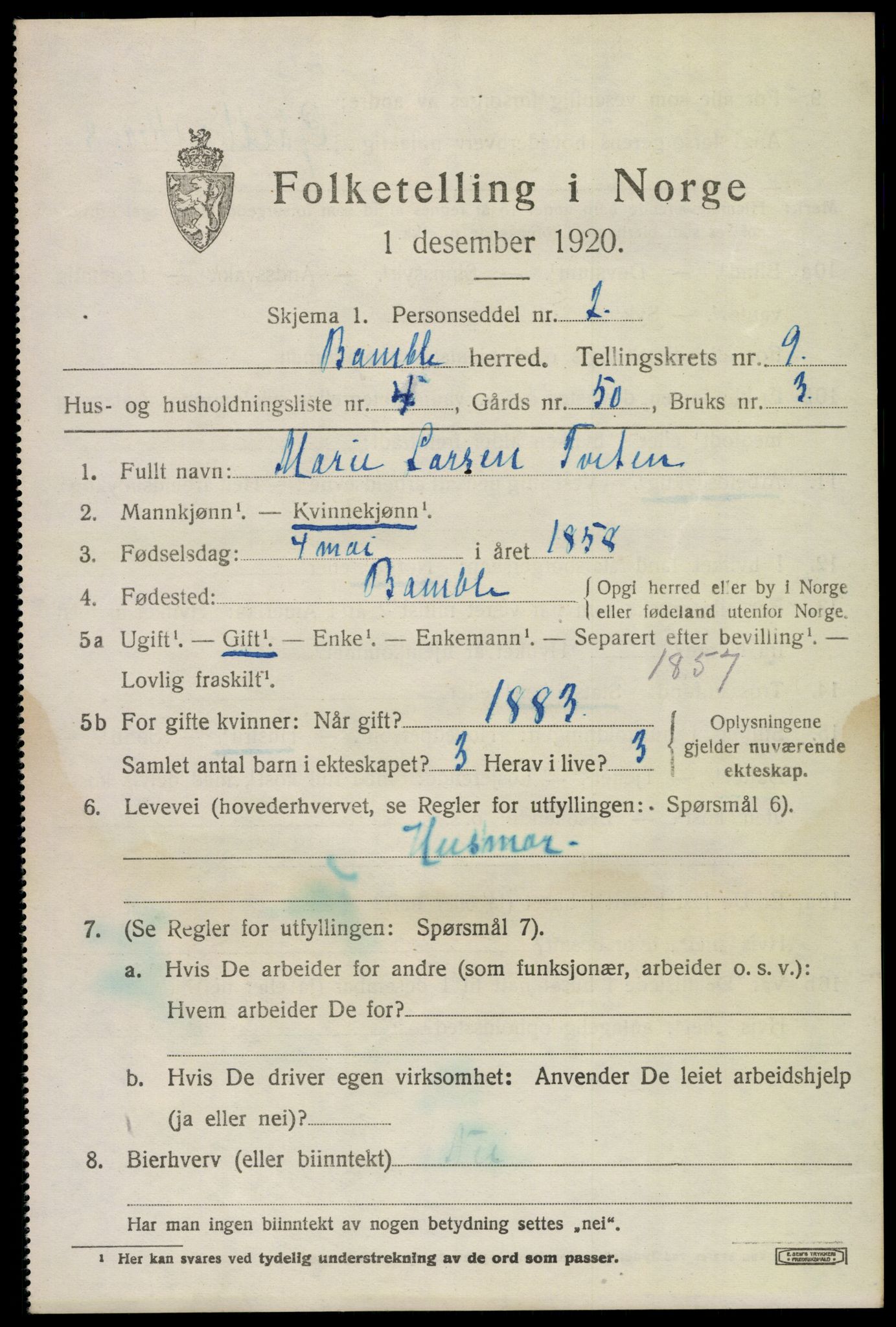 SAKO, 1920 census for Bamble, 1920, p. 7839