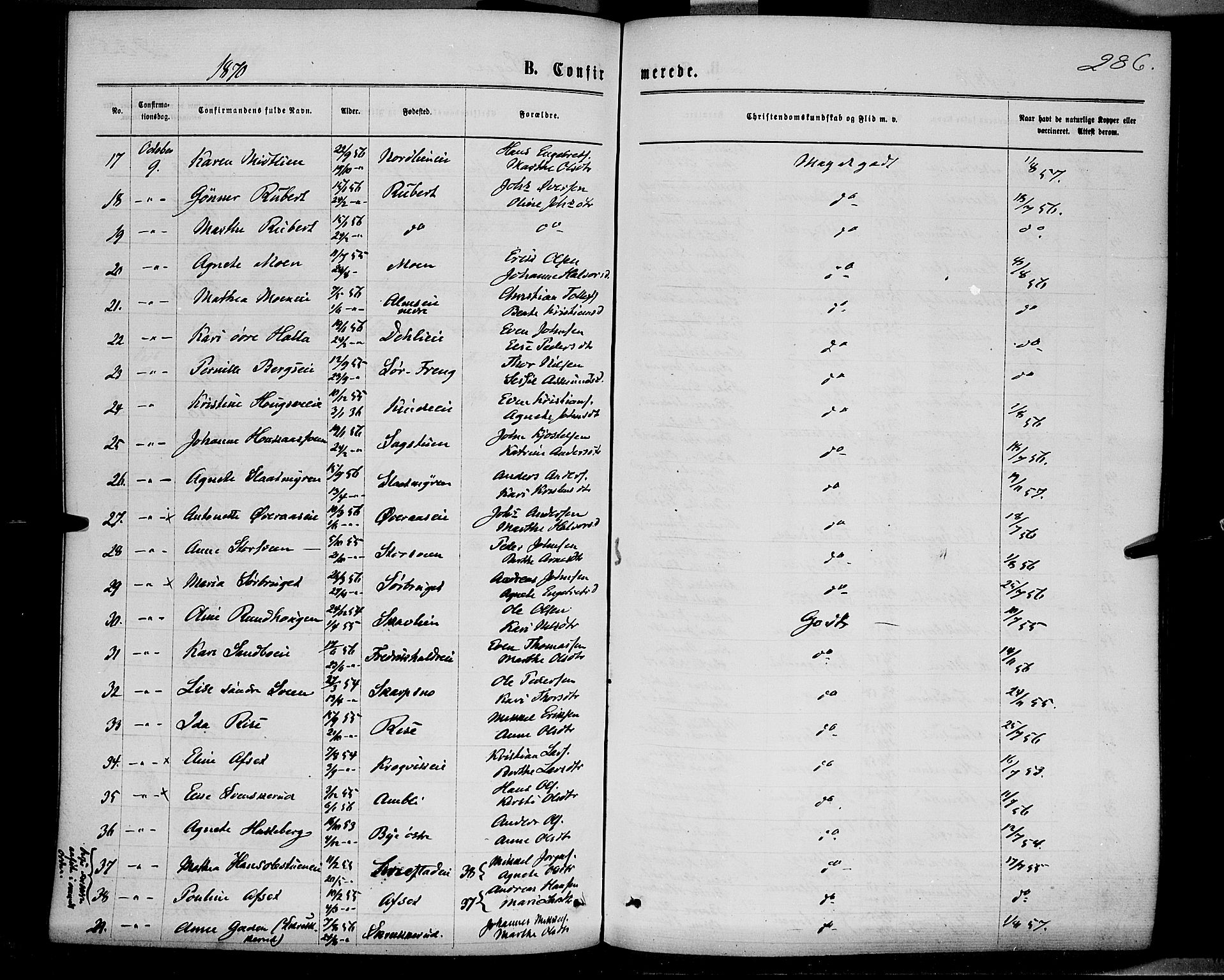 Ringsaker prestekontor, AV/SAH-PREST-014/K/Ka/L0011: Parish register (official) no. 11, 1870-1878, p. 286