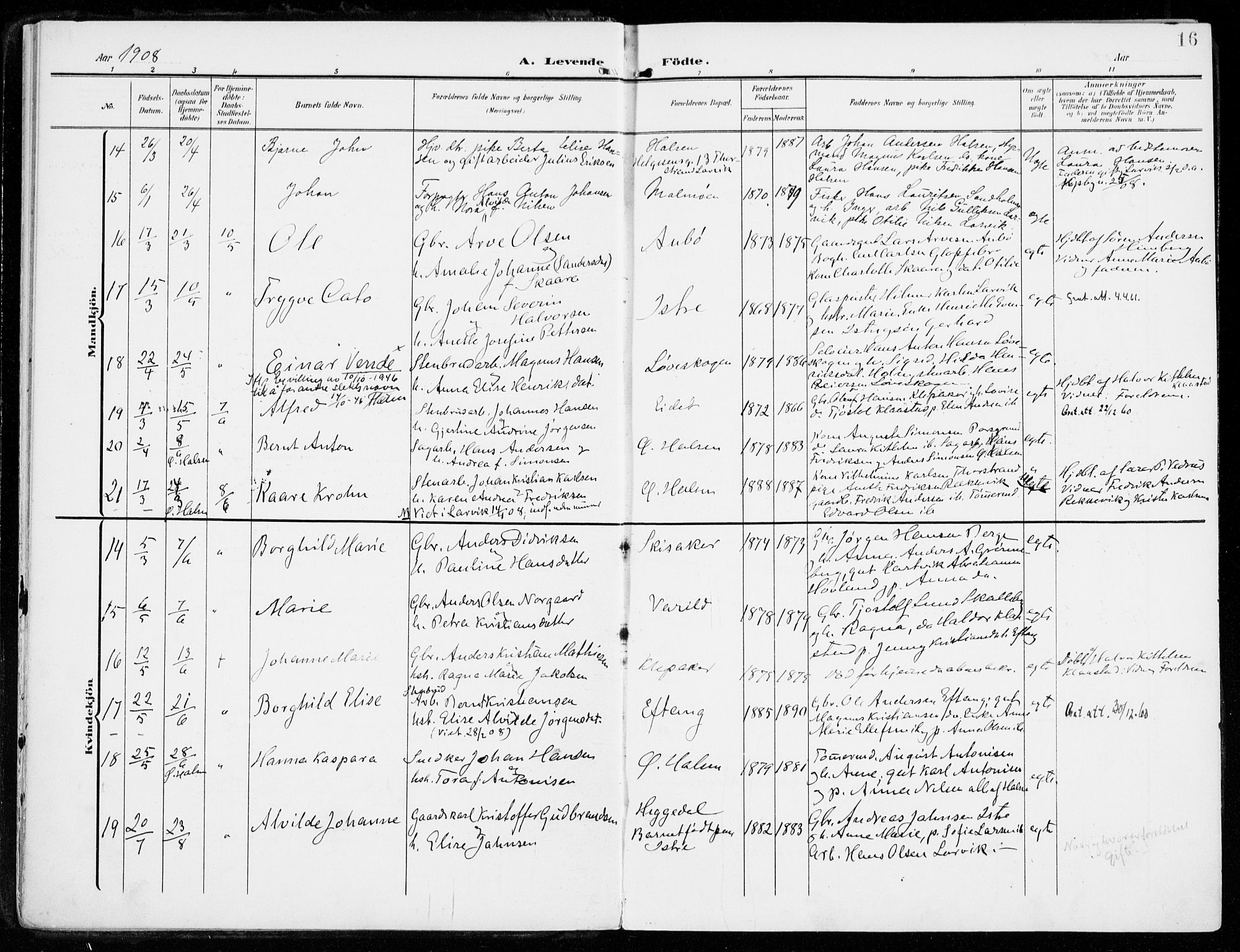 Tjølling kirkebøker, AV/SAKO-A-60/F/Fa/L0010: Parish register (official) no. 10, 1906-1923, p. 16