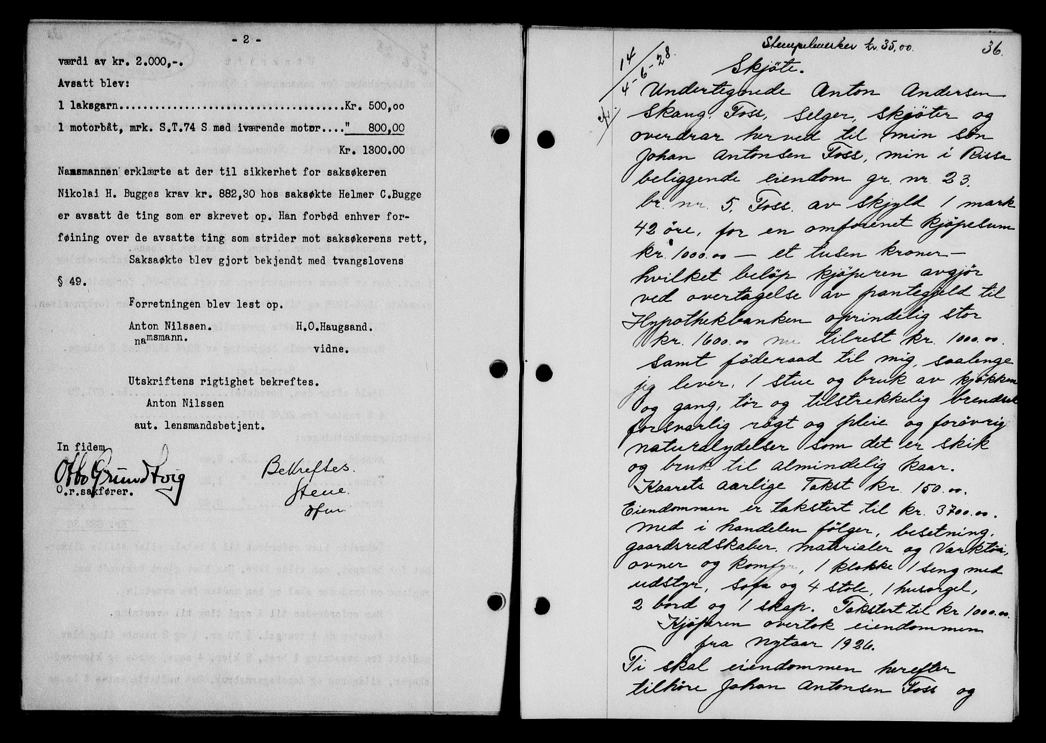 Fosen sorenskriveri, AV/SAT-A-1107/1/2/2C/L0067: Mortgage book no. 58, 1928-1929, p. 36, Deed date: 04.06.1928