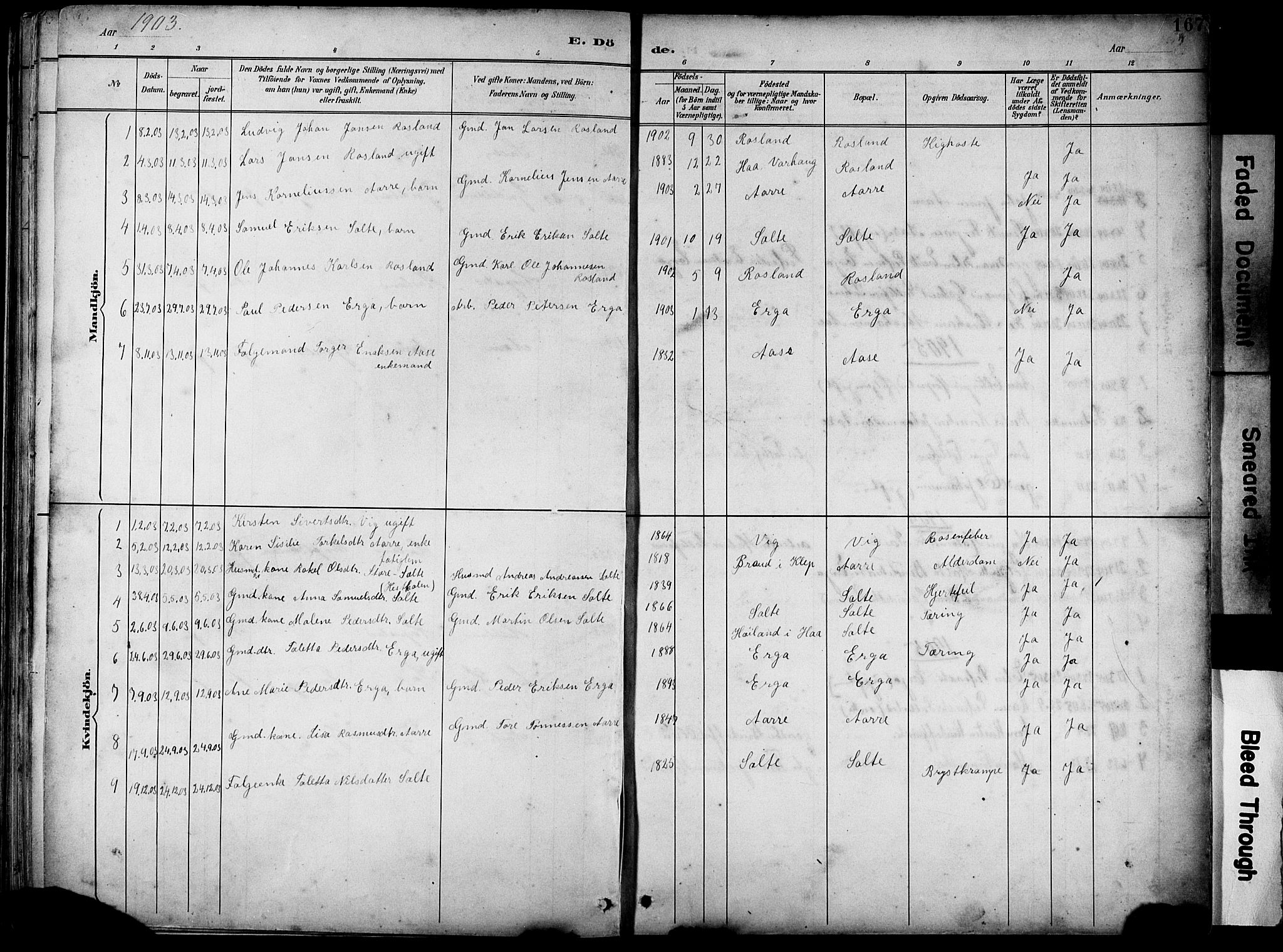 Klepp sokneprestkontor, AV/SAST-A-101803/001/3/30BB/L0005: Parish register (copy) no. B 5, 1889-1918, p. 167