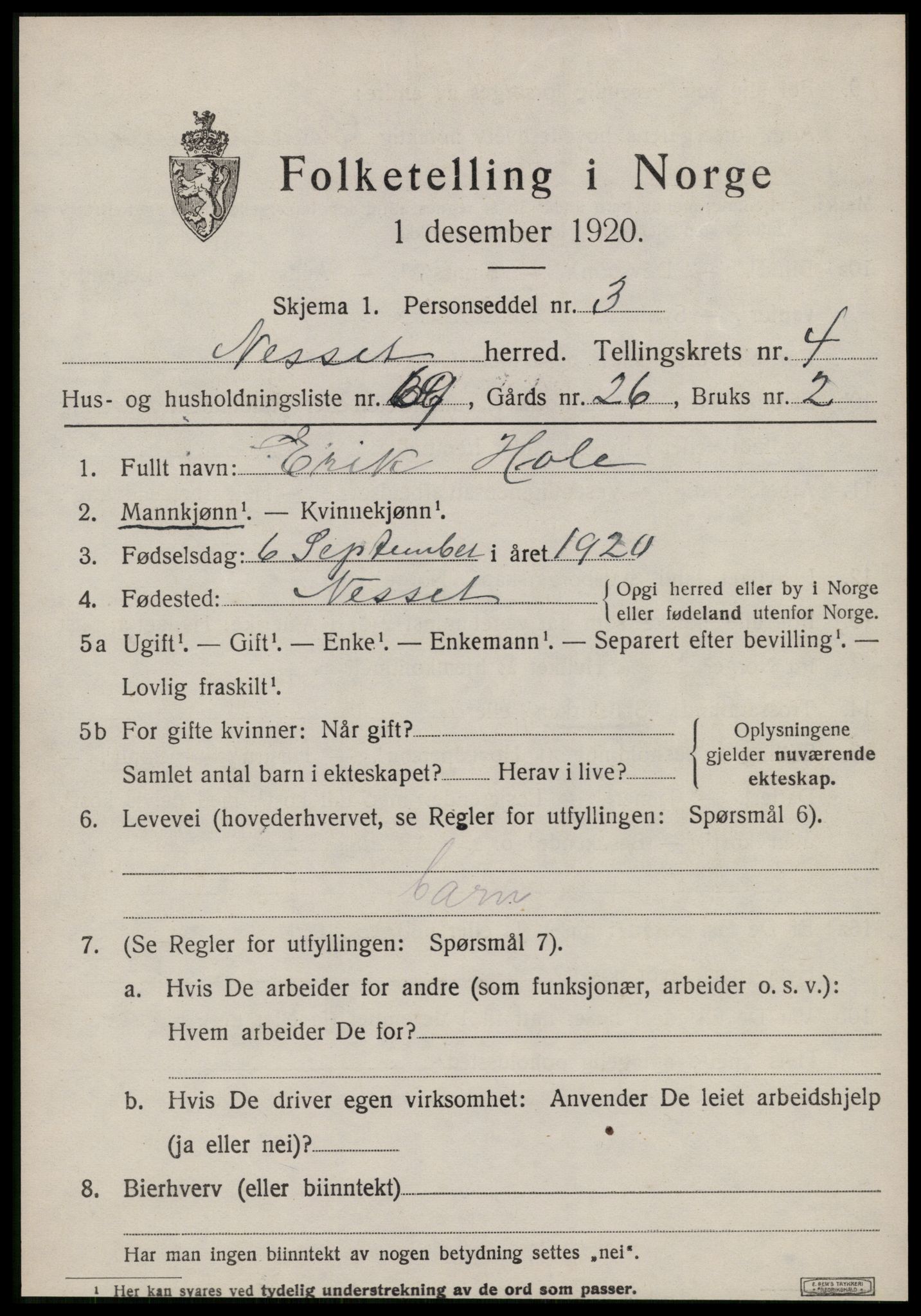 SAT, 1920 census for Nesset, 1920, p. 2200