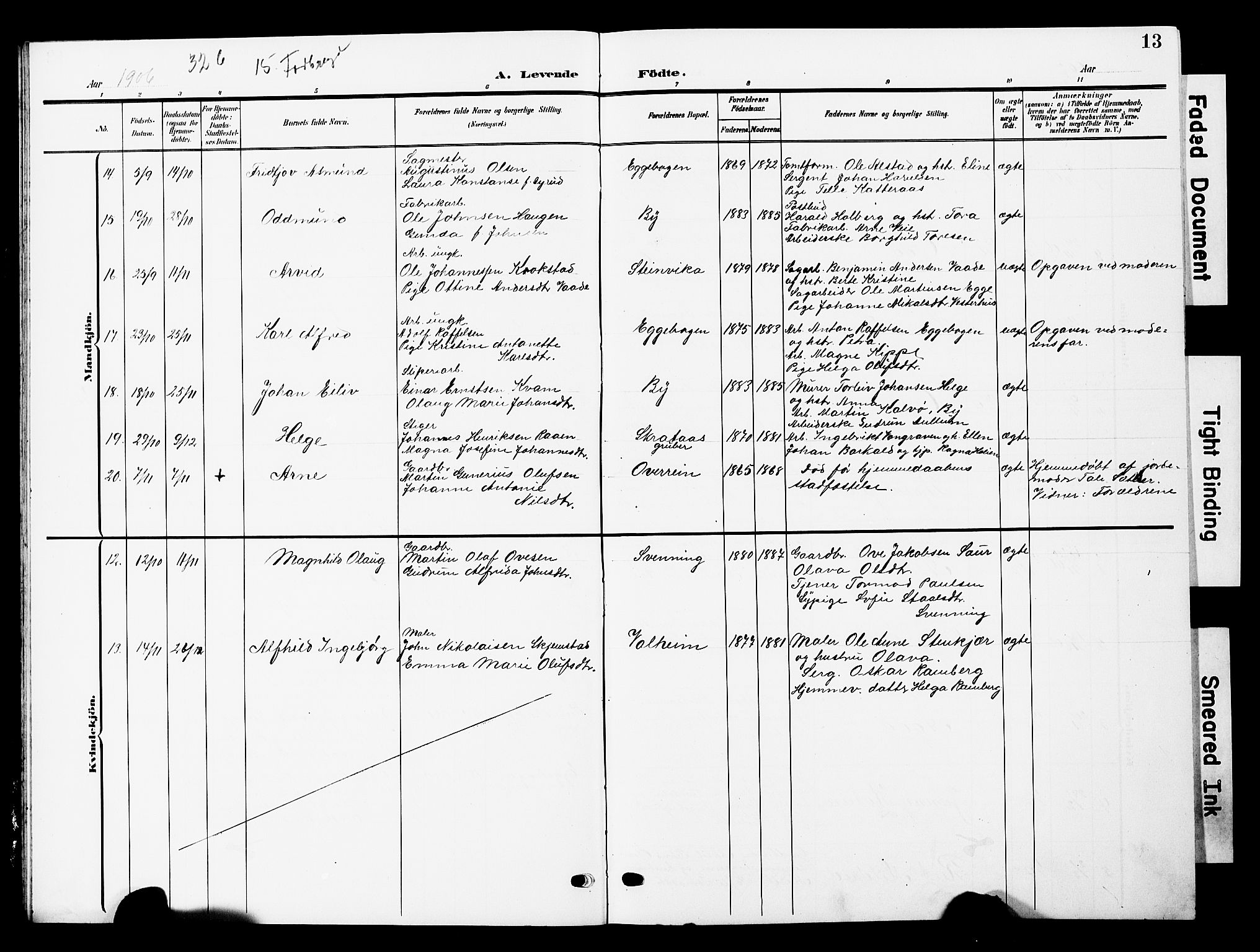 Ministerialprotokoller, klokkerbøker og fødselsregistre - Nord-Trøndelag, AV/SAT-A-1458/740/L0381: Parish register (copy) no. 740C02, 1903-1914, p. 13