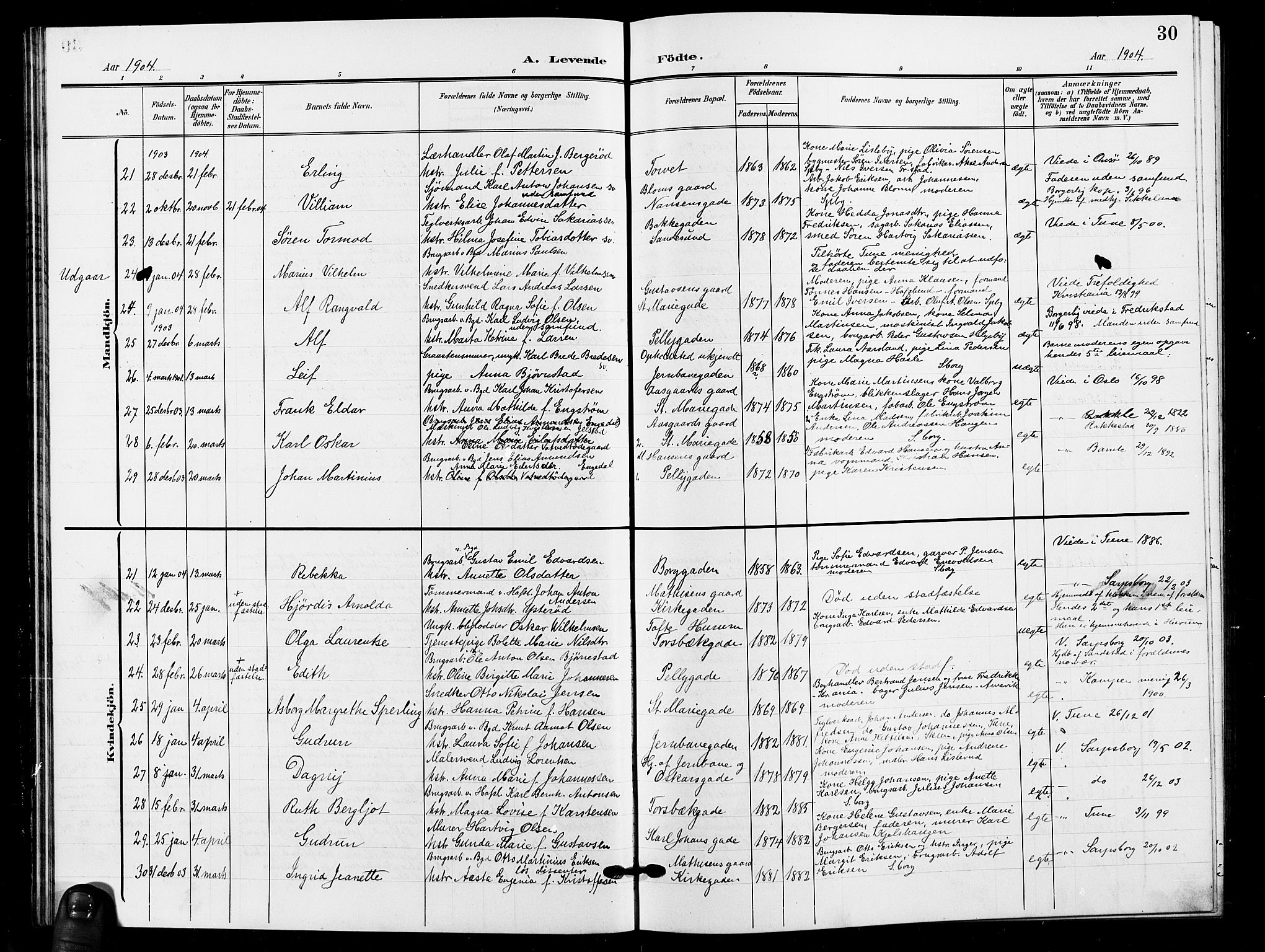 Sarpsborg prestekontor Kirkebøker, AV/SAO-A-2006/G/Ga/L0001: Parish register (copy) no. 1, 1902-1911, p. 30