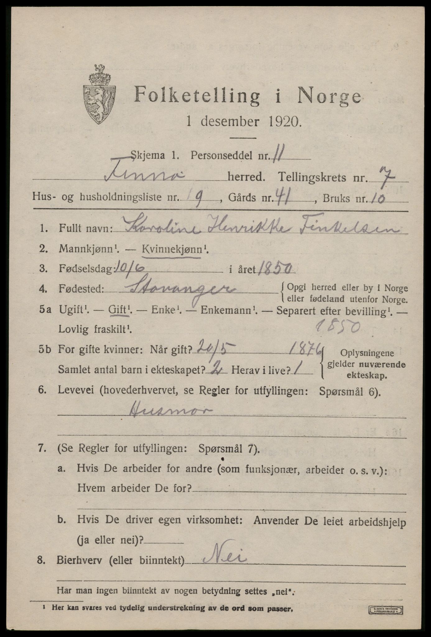 SAST, 1920 census for Finnøy, 1920, p. 3654