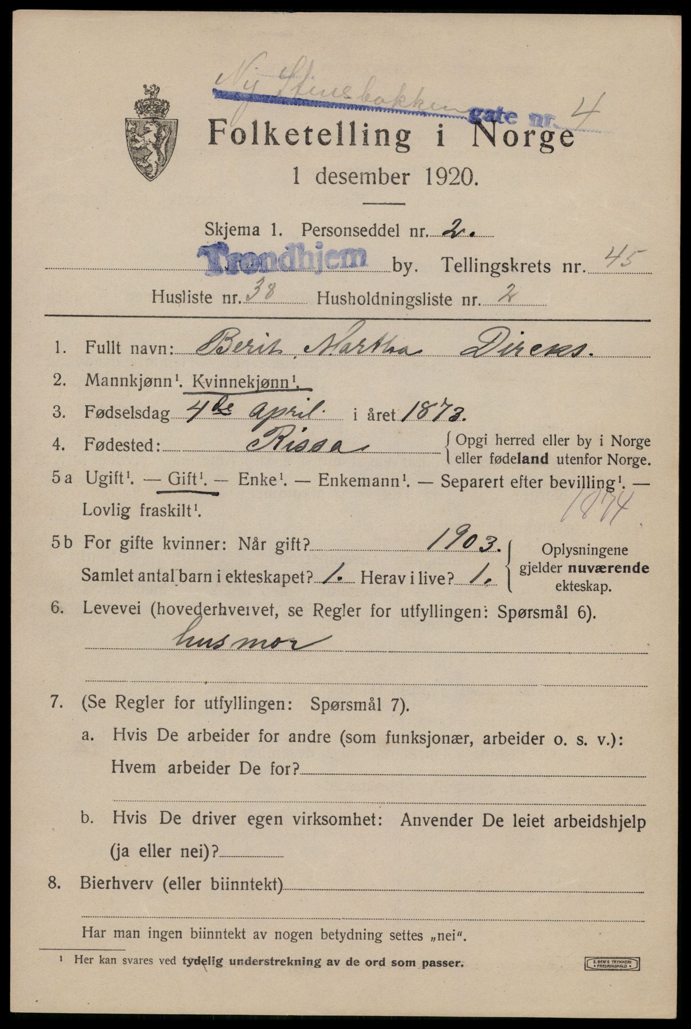 SAT, 1920 census for Trondheim, 1920, p. 97598