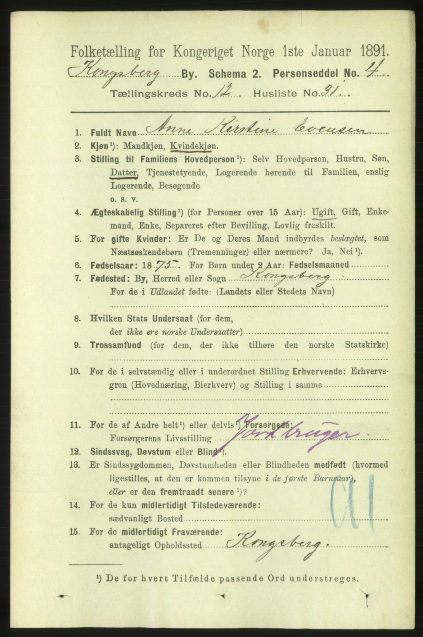 RA, 1891 census for 0604 Kongsberg, 1891, p. 7088