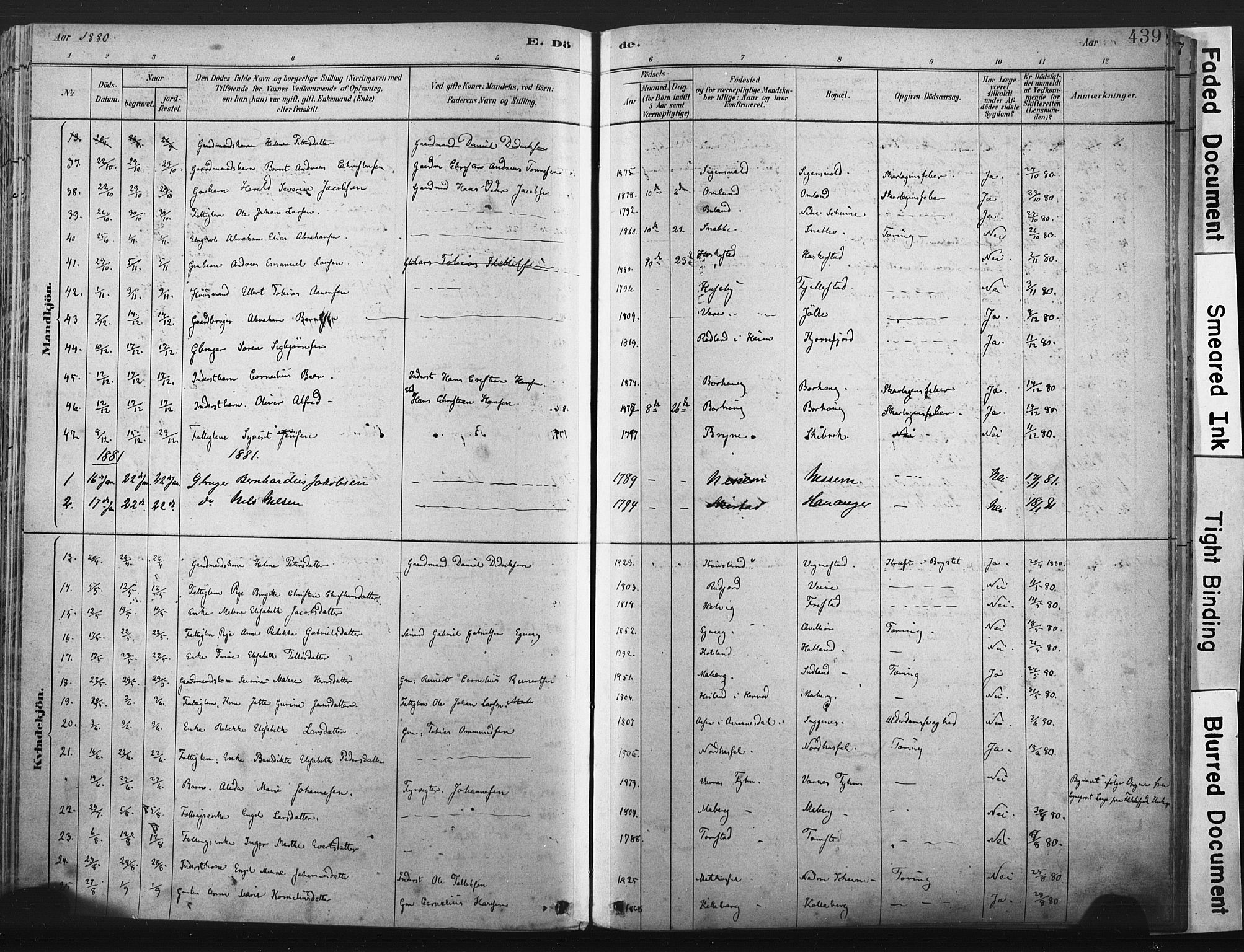 Lista sokneprestkontor, SAK/1111-0027/F/Fa/L0012: Parish register (official) no. A 12, 1879-1903, p. 439