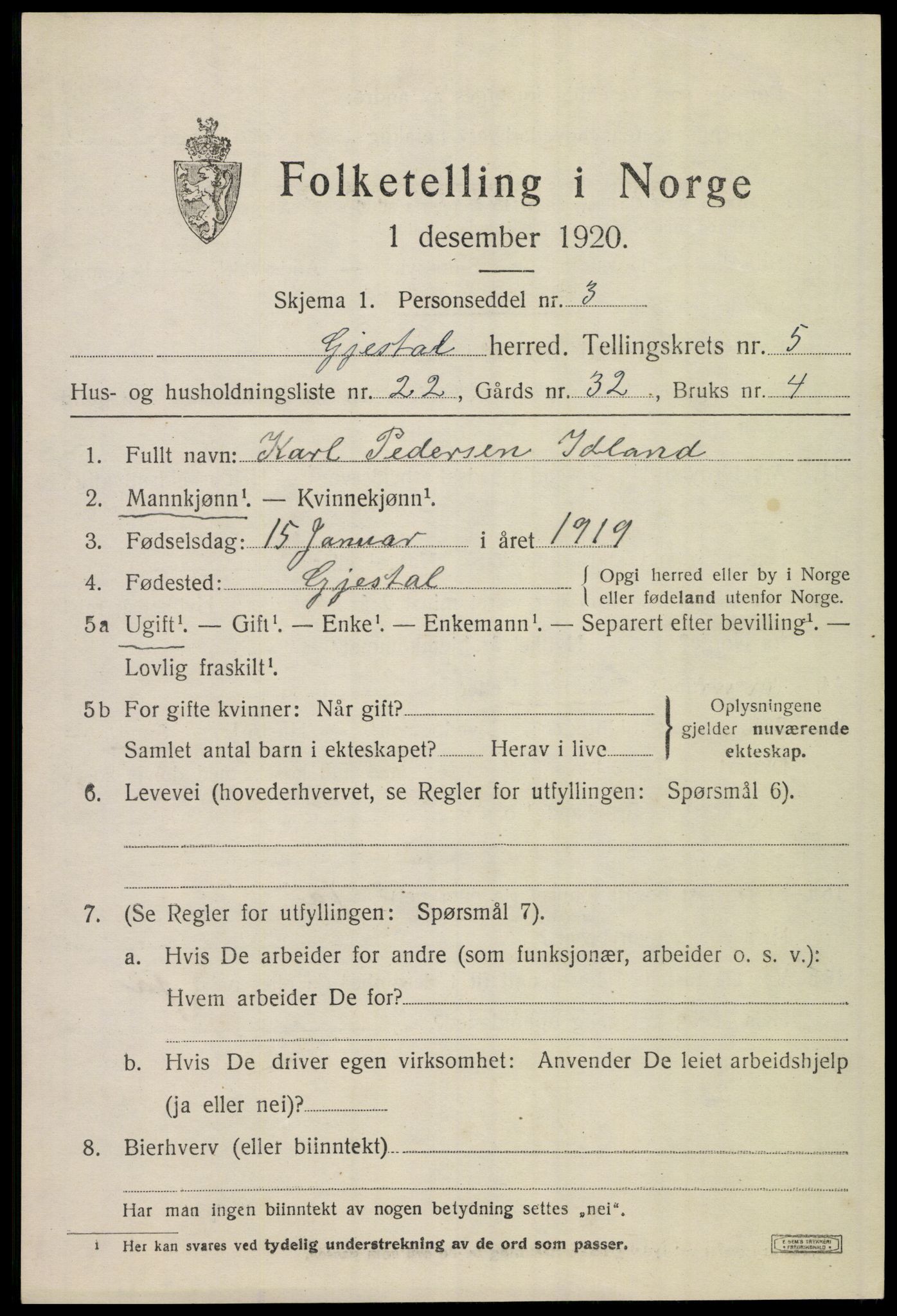 SAST, 1920 census for Gjesdal, 1920, p. 3384