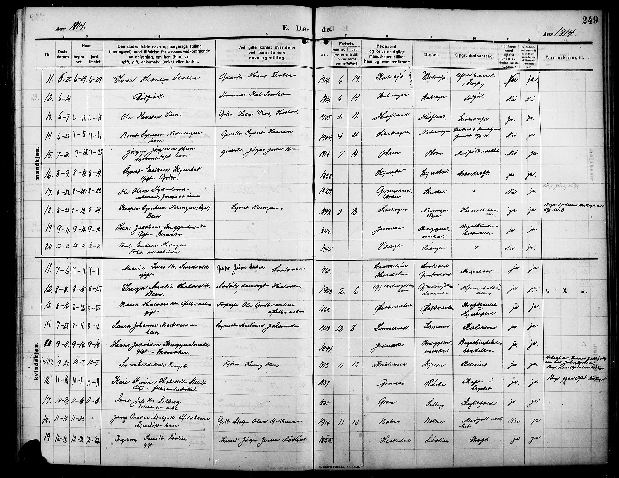 Lunner prestekontor, SAH/PREST-118/H/Ha/Hab/L0001: Parish register (copy) no. 1, 1909-1922, p. 249