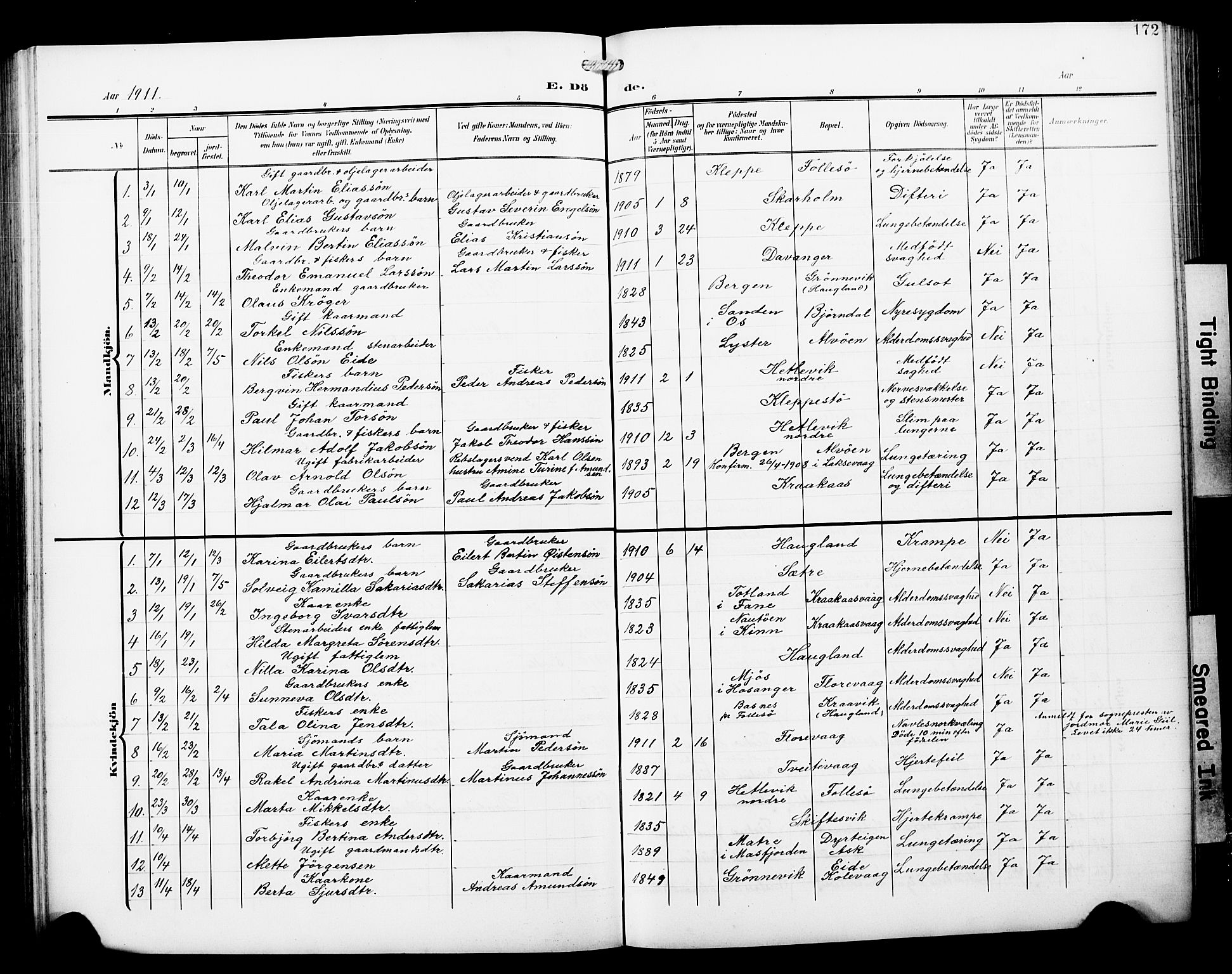 Askøy Sokneprestembete, AV/SAB-A-74101/H/Ha/Hab/Haba/L0014: Parish register (copy) no. A 14, 1904-1927, p. 172