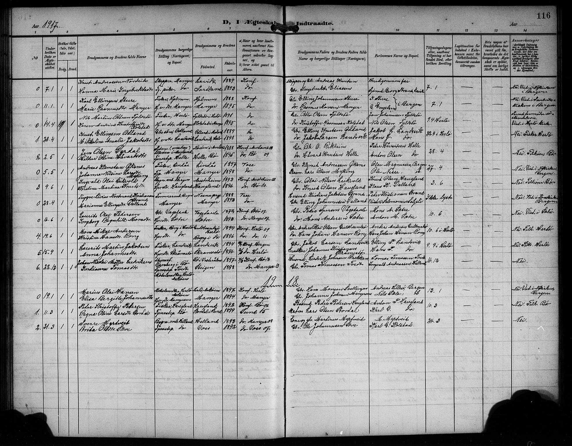 Manger sokneprestembete, SAB/A-76801/H/Hab: Parish register (copy) no. A 2, 1902-1923, p. 116