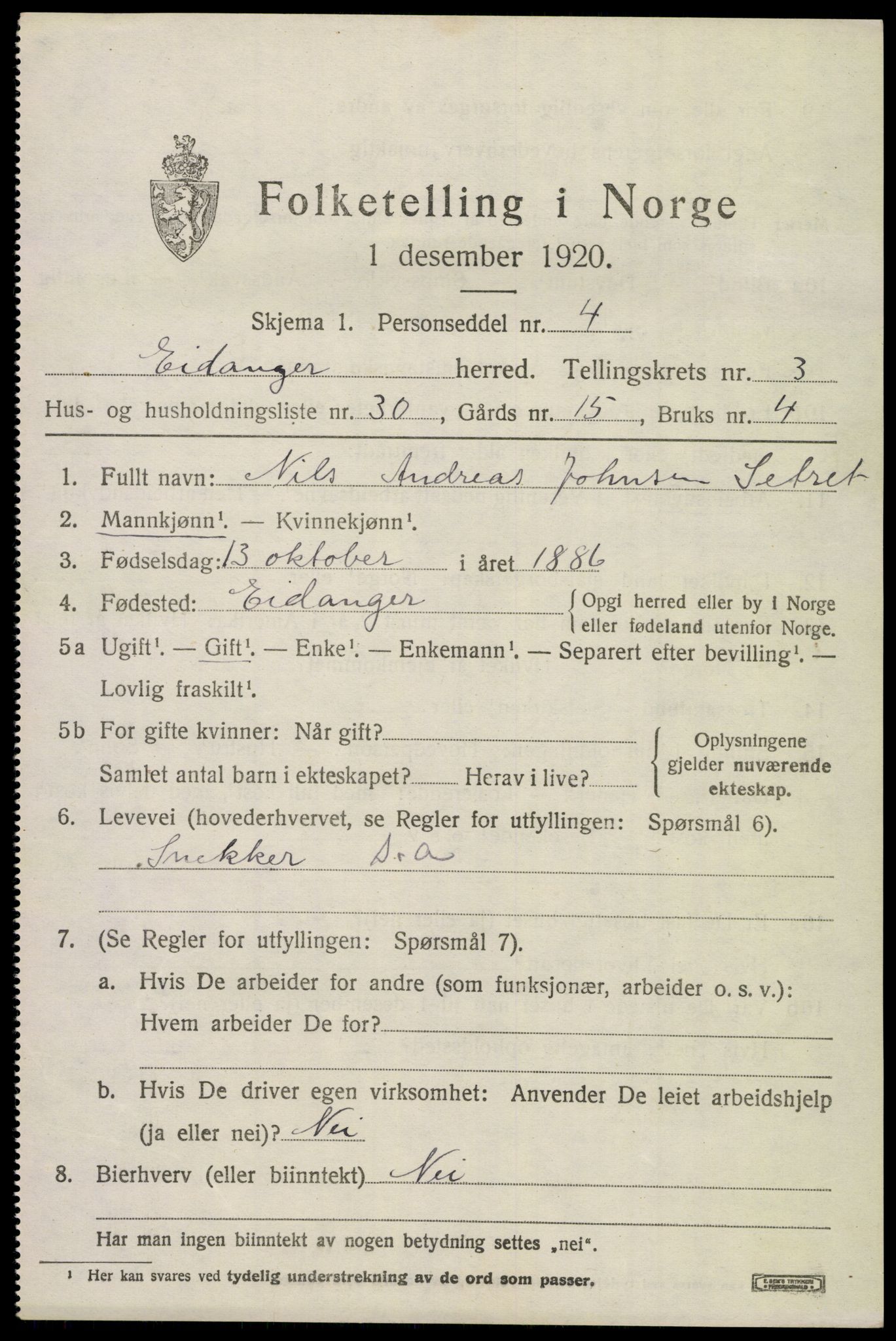 SAKO, 1920 census for Eidanger, 1920, p. 3686