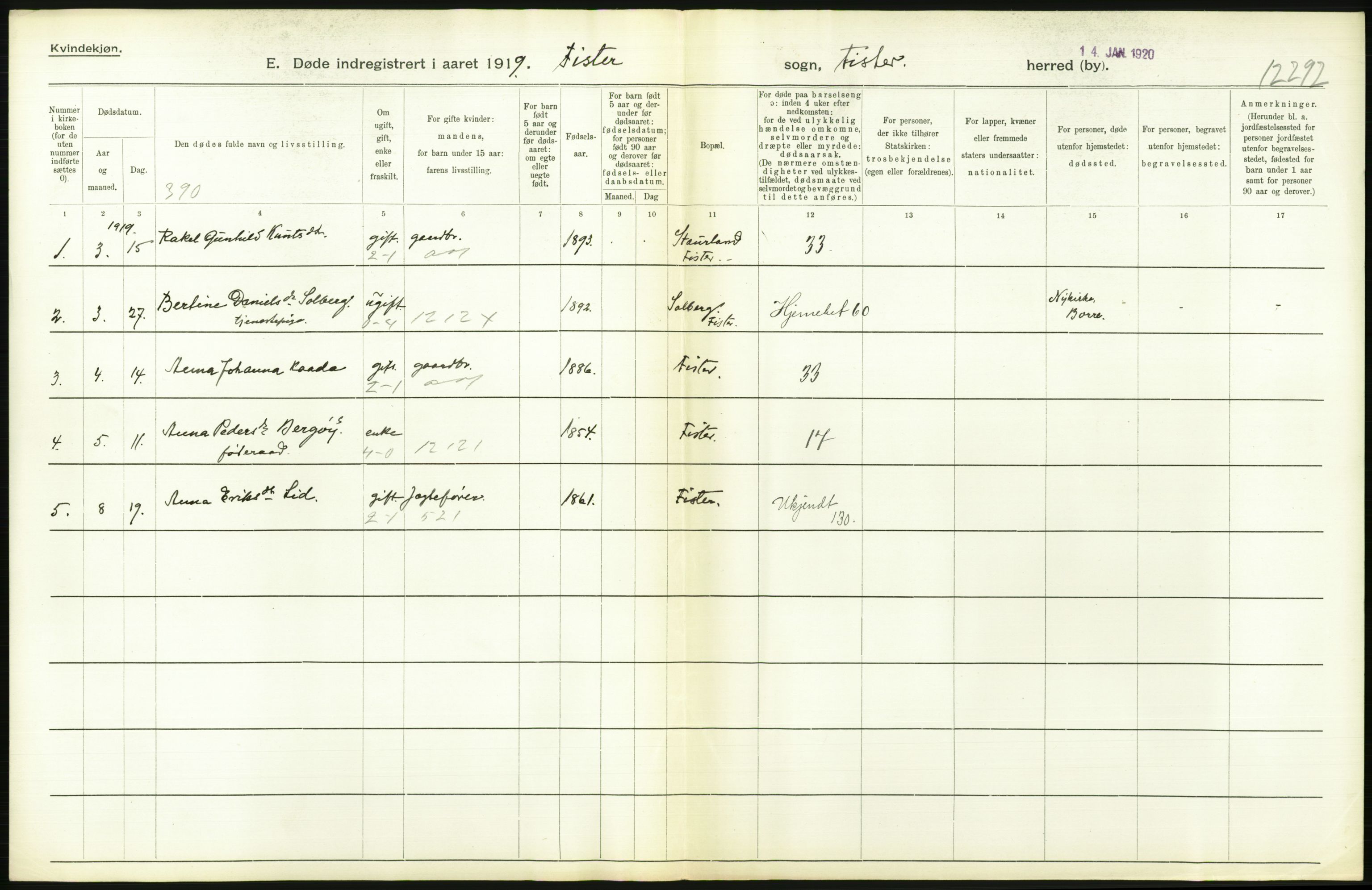 Statistisk sentralbyrå, Sosiodemografiske emner, Befolkning, RA/S-2228/D/Df/Dfb/Dfbi/L0030: Rogaland fylke: Døde. Bygder og byer., 1919, p. 300