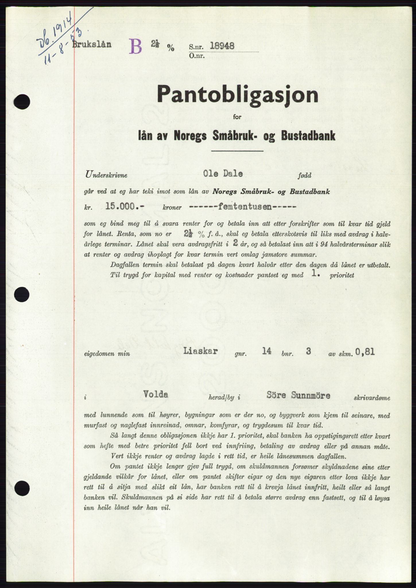 Søre Sunnmøre sorenskriveri, SAT/A-4122/1/2/2C/L0123: Mortgage book no. 11B, 1953-1953, Diary no: : 1914/1953