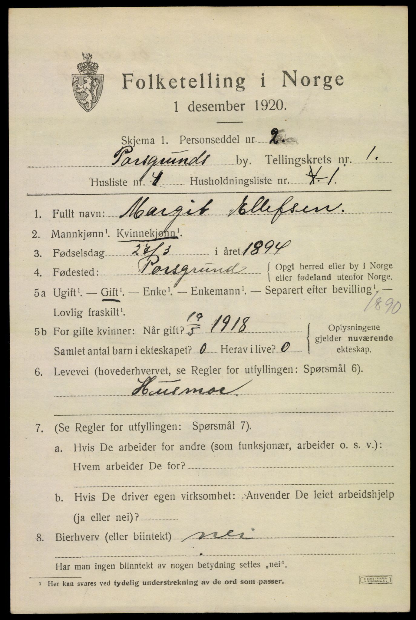 SAKO, 1920 census for Porsgrunn, 1920, p. 7137
