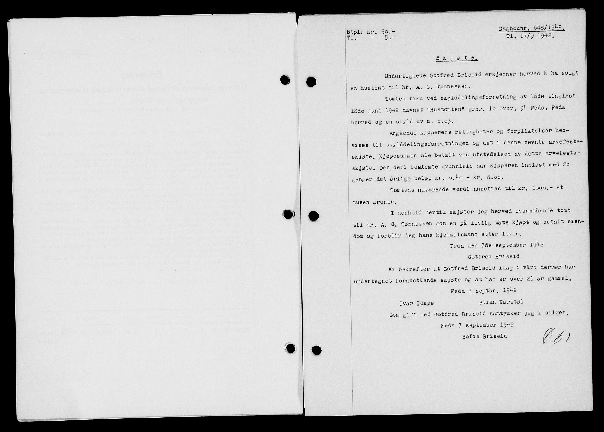 Flekkefjord sorenskriveri, SAK/1221-0001/G/Gb/Gba/L0057: Mortgage book no. A-5, 1941-1942, Diary no: : 648/1942