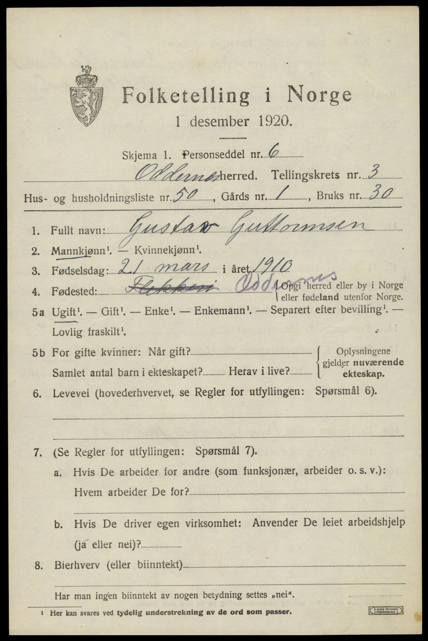 SAK, 1920 census for Oddernes, 1920, p. 3903