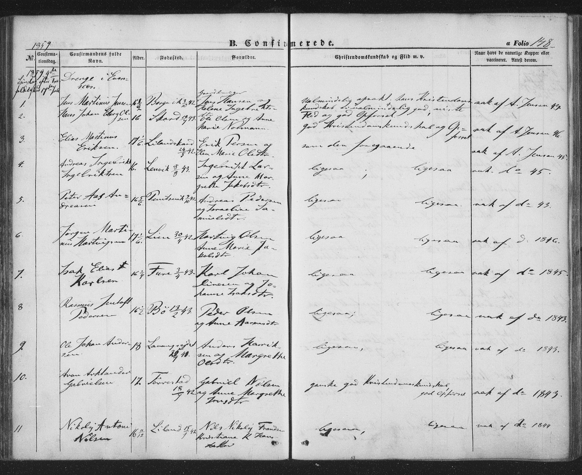 Ministerialprotokoller, klokkerbøker og fødselsregistre - Nordland, AV/SAT-A-1459/863/L0895: Parish register (official) no. 863A07, 1851-1860, p. 148