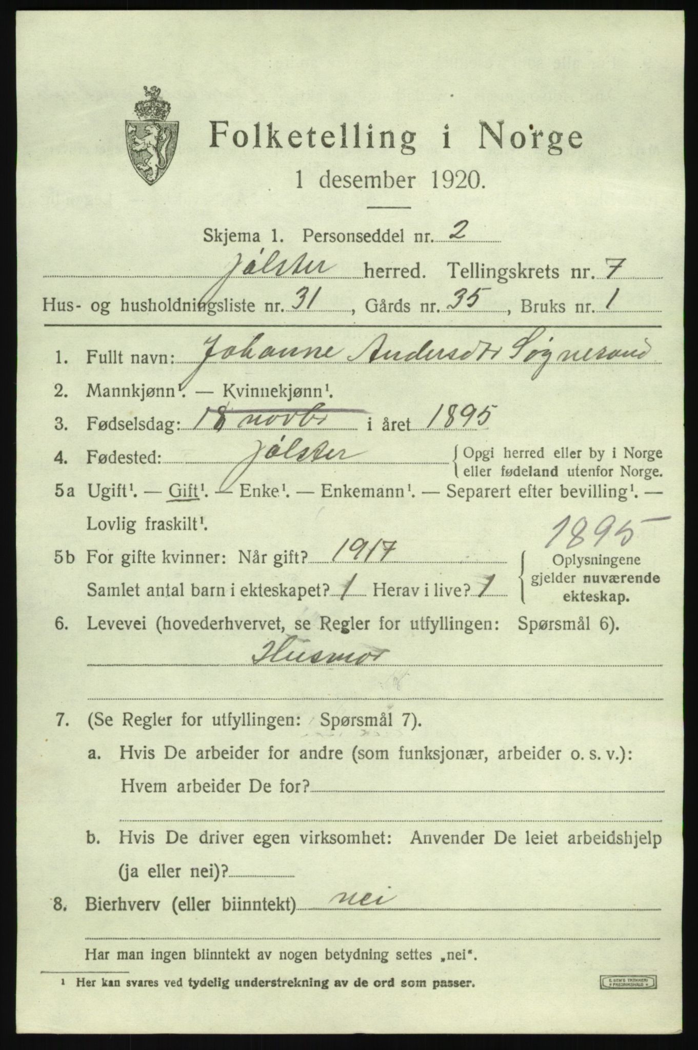 SAB, 1920 census for Jølster, 1920, p. 4006