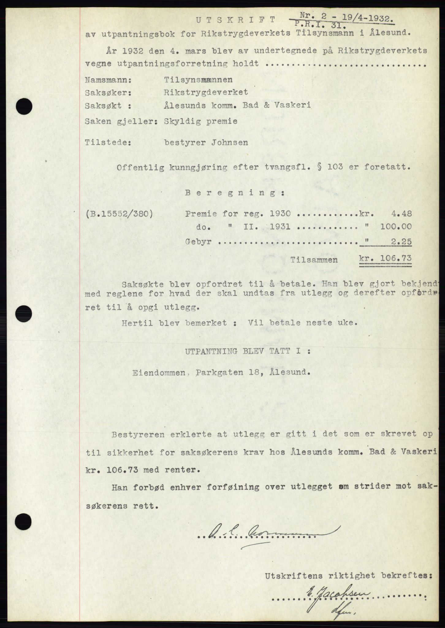 Ålesund byfogd, AV/SAT-A-4384: Mortgage book no. 29, 1931-1932, Deed date: 19.04.1932