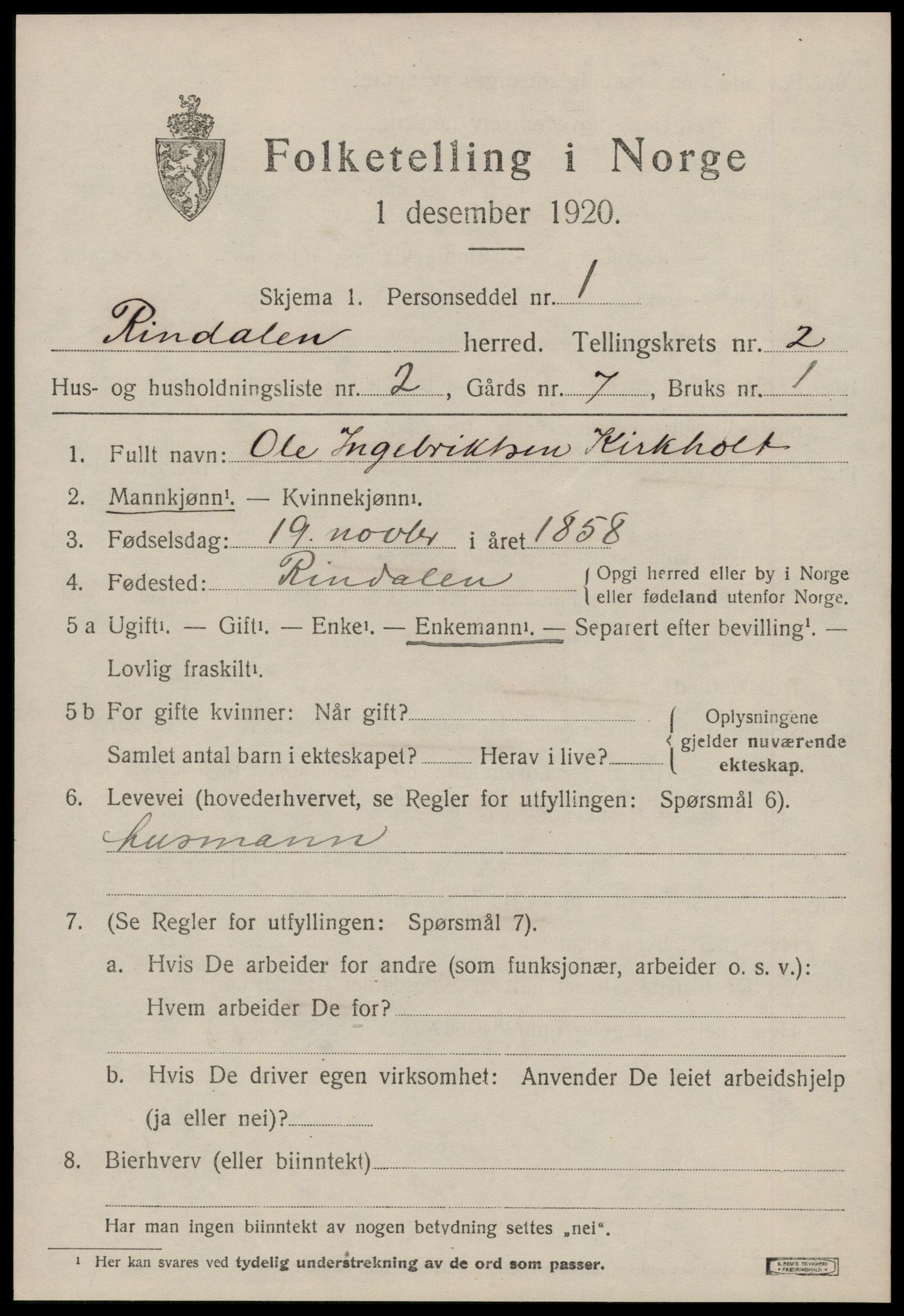 SAT, 1920 census for Rindal, 1920, p. 978