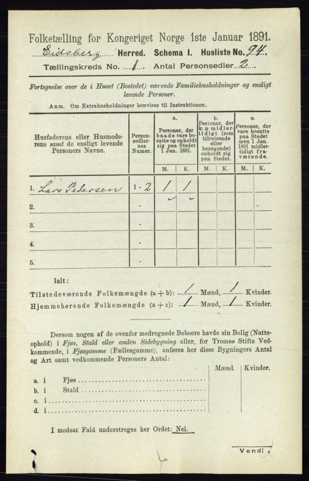 RA, 1891 census for 0125 Eidsberg, 1891, p. 134