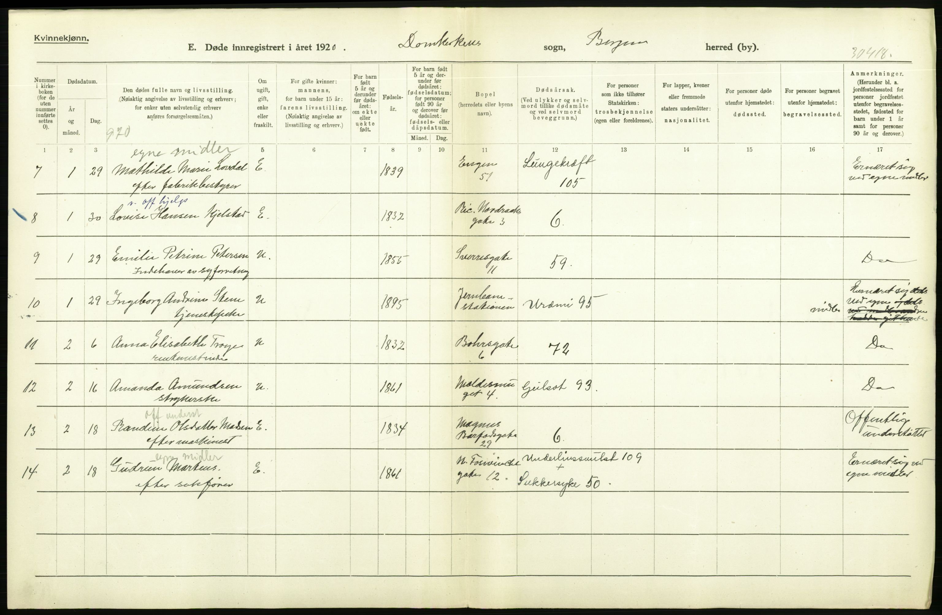 Statistisk sentralbyrå, Sosiodemografiske emner, Befolkning, AV/RA-S-2228/D/Df/Dfb/Dfbj/L0042: Bergen: Gifte, døde, dødfødte., 1920, p. 682