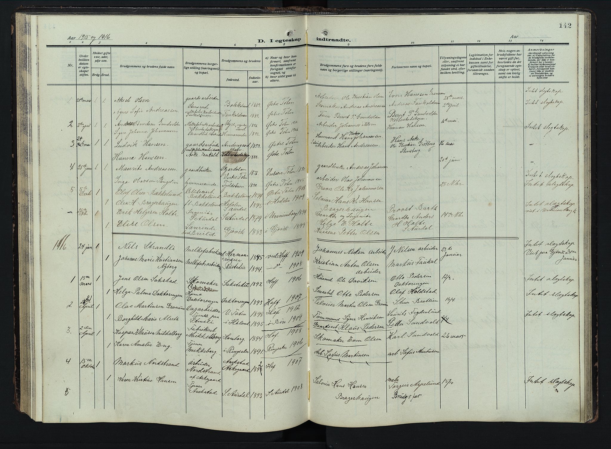 Østre Toten prestekontor, AV/SAH-PREST-104/H/Ha/Hab/L0009: Parish register (copy) no. 9, 1908-1956, p. 142