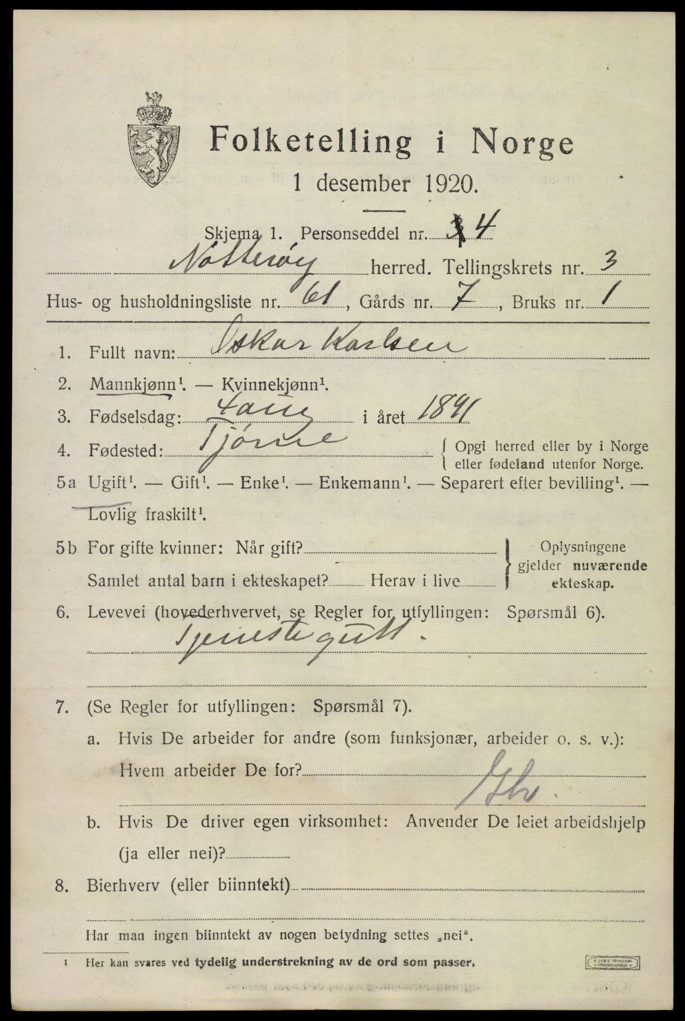 SAKO, 1920 census for Nøtterøy, 1920, p. 6191