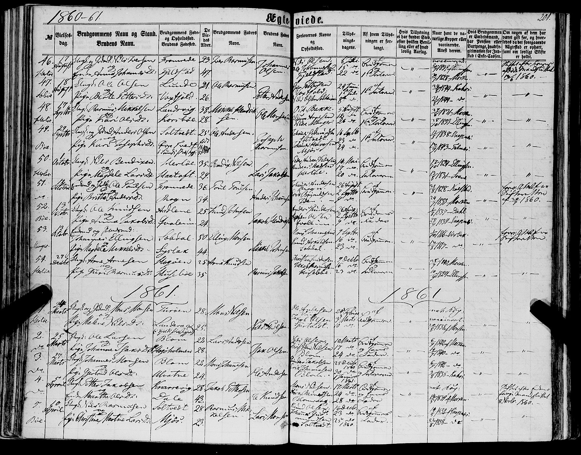 Manger sokneprestembete, SAB/A-76801/H/Haa: Parish register (official) no. A 7, 1860-1870, p. 201