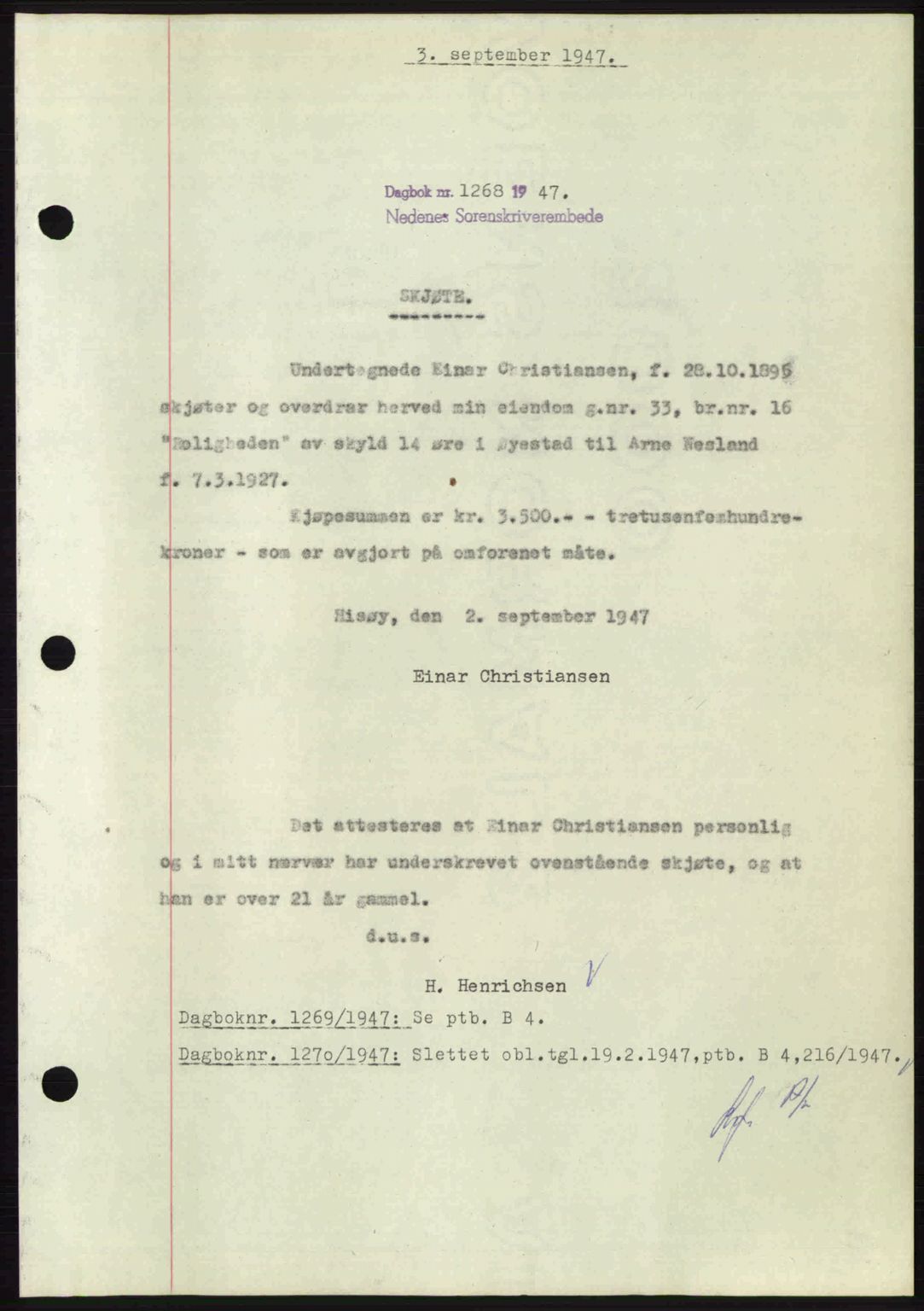 Nedenes sorenskriveri, AV/SAK-1221-0006/G/Gb/Gba/L0058: Mortgage book no. A10, 1947-1948, Diary no: : 1268/1947