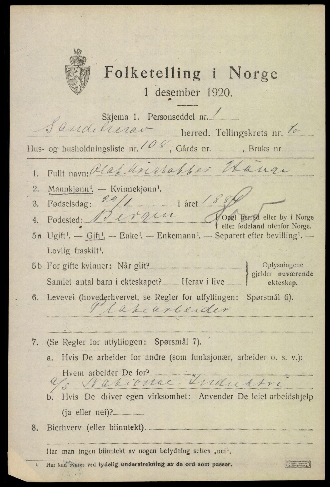 SAKO, 1920 census for Sandeherred, 1920, p. 11052