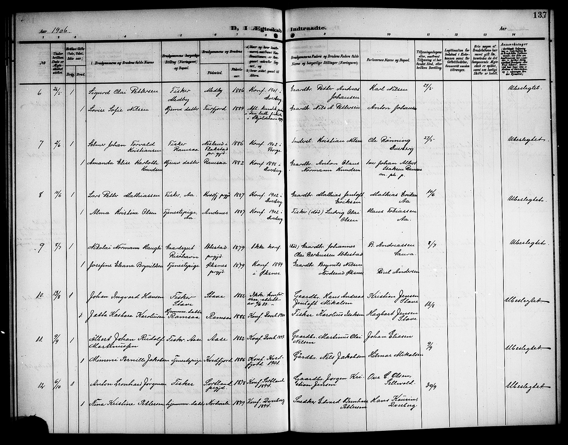 Ministerialprotokoller, klokkerbøker og fødselsregistre - Nordland, AV/SAT-A-1459/897/L1414: Parish register (copy) no. 897C04, 1904-1915, p. 137