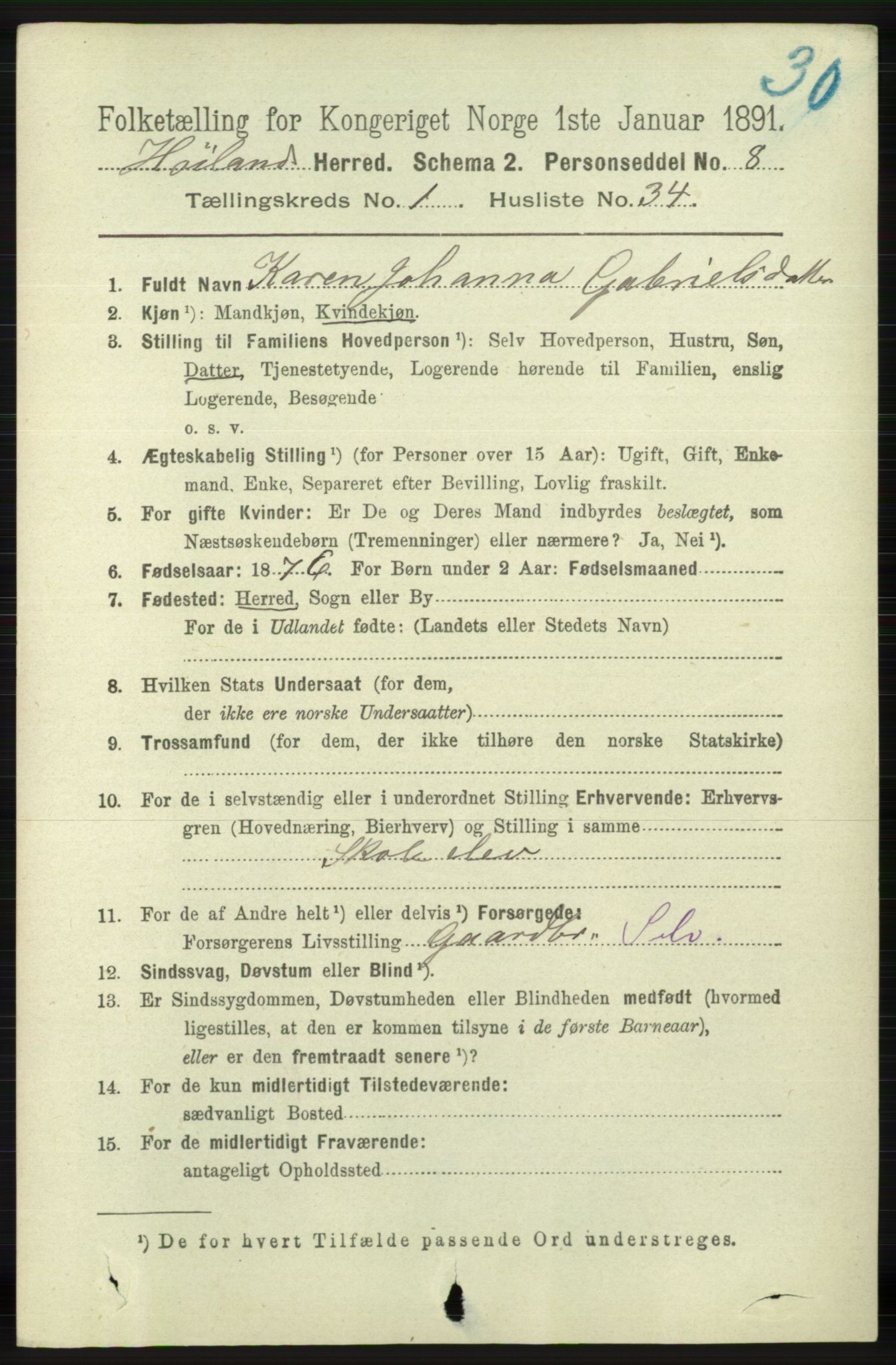 RA, 1891 census for 1123 Høyland, 1891, p. 273