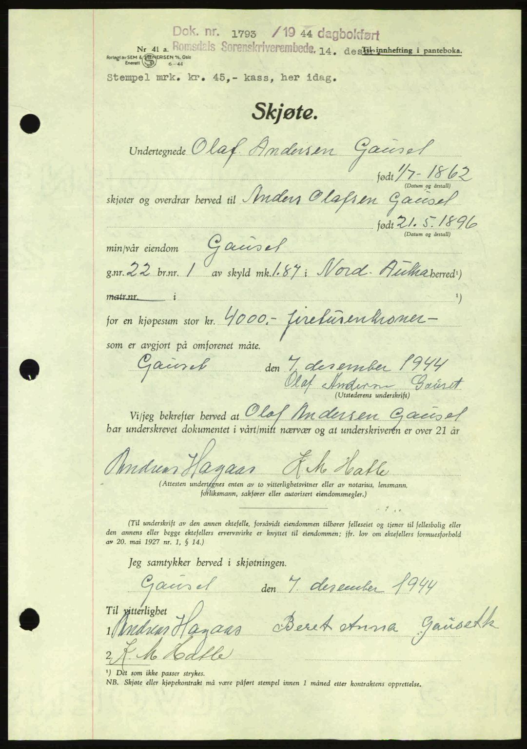 Romsdal sorenskriveri, AV/SAT-A-4149/1/2/2C: Mortgage book no. A17, 1944-1945, Diary no: : 1793/1944