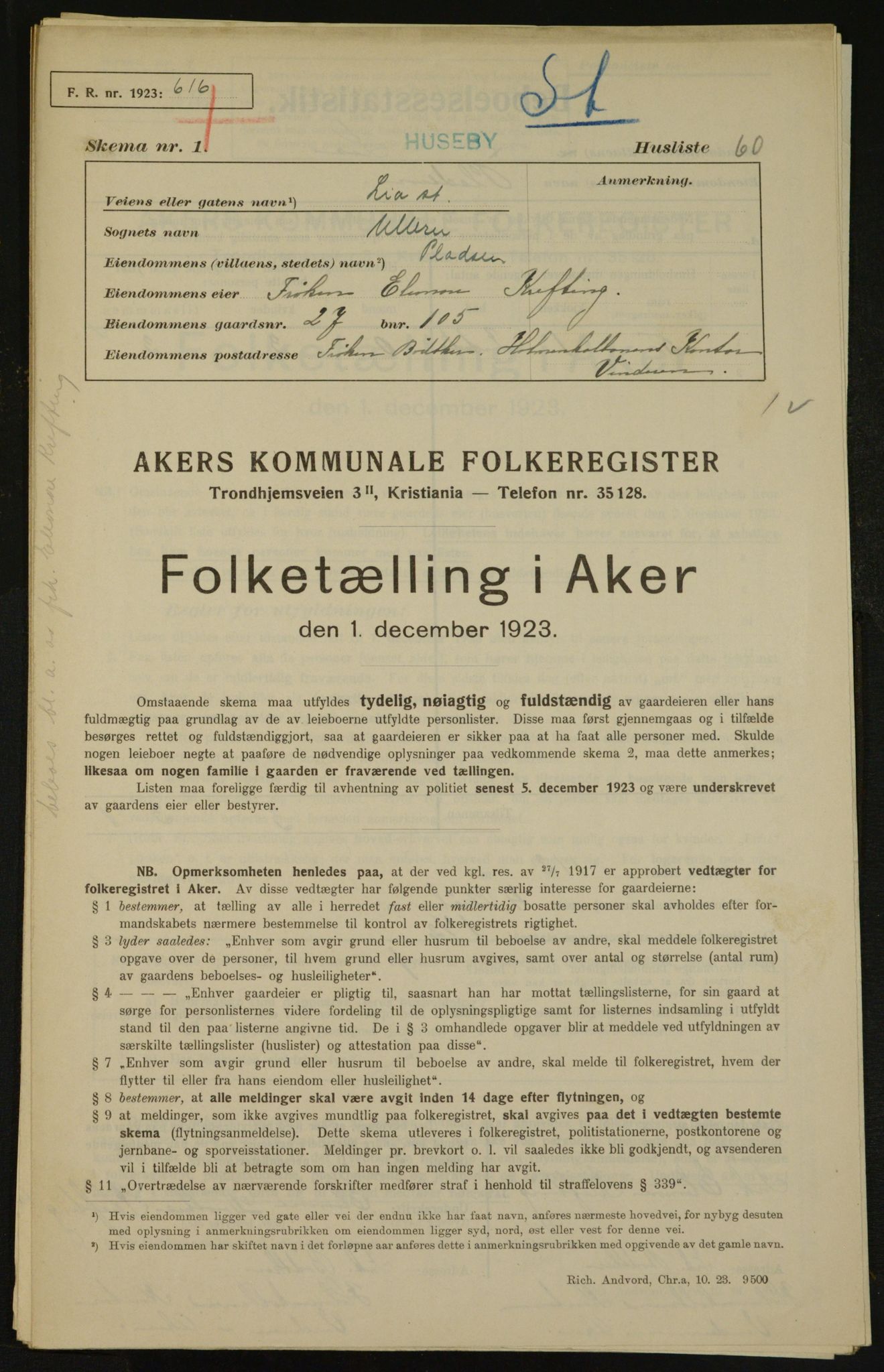 , Municipal Census 1923 for Aker, 1923, p. 3575