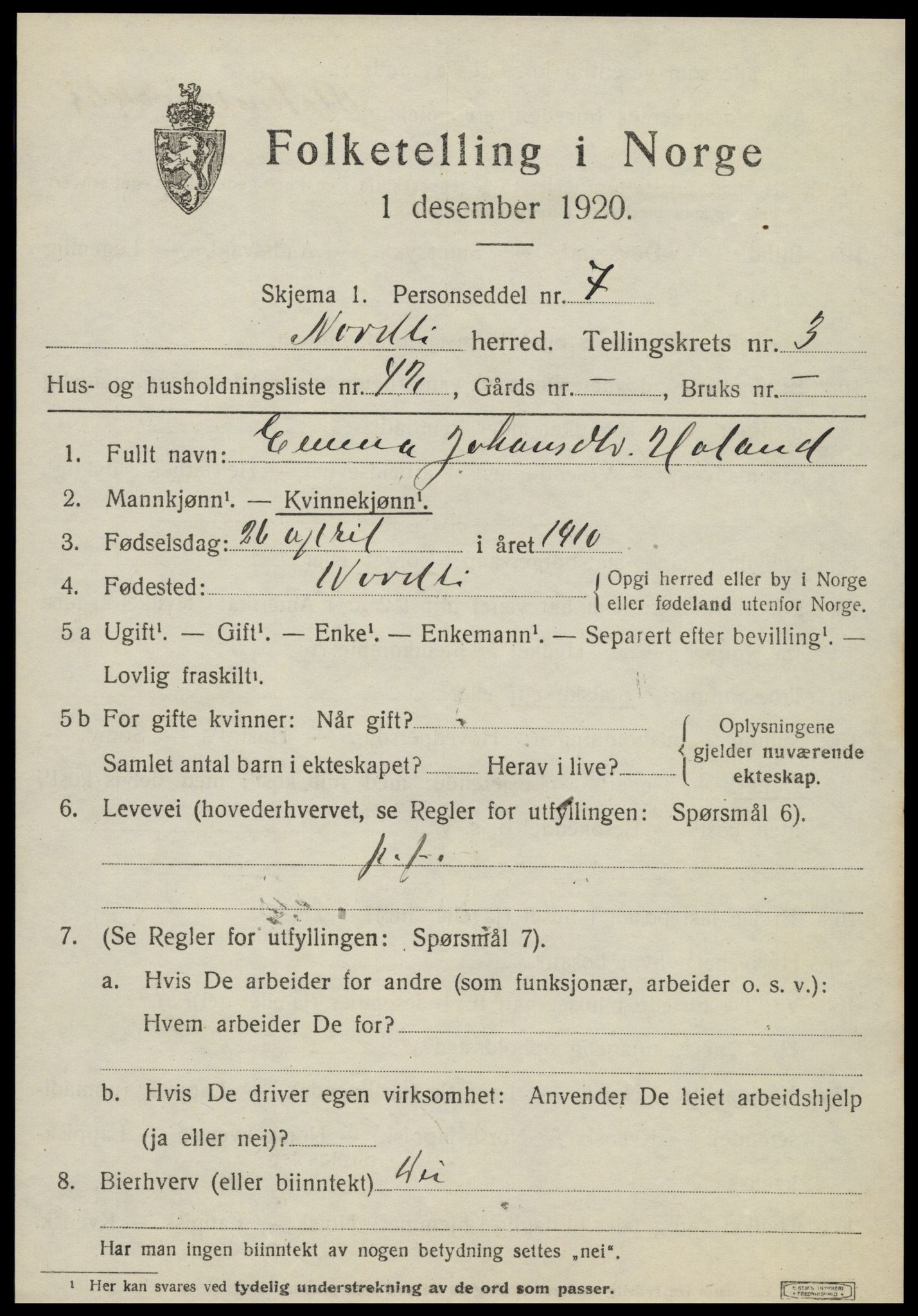 SAT, 1920 census for Nordli, 1920, p. 1821